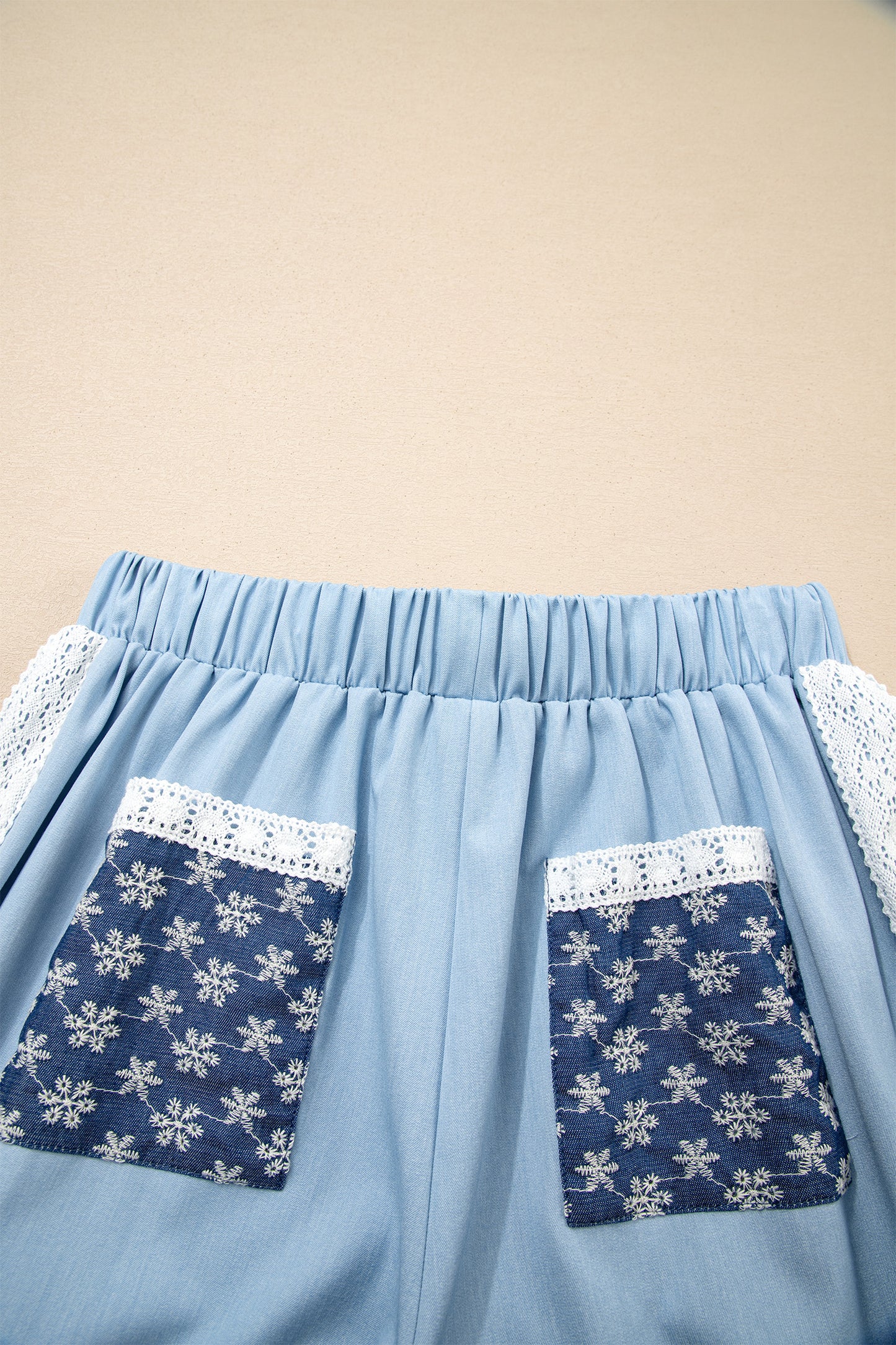 Beau Blue Lace Accent Floral Patched Pocket Pleated Wide Leg Slouchy Pants-Bottoms/Pants & Culotte-[Adult]-[Female]-2022 Online Blue Zone Planet