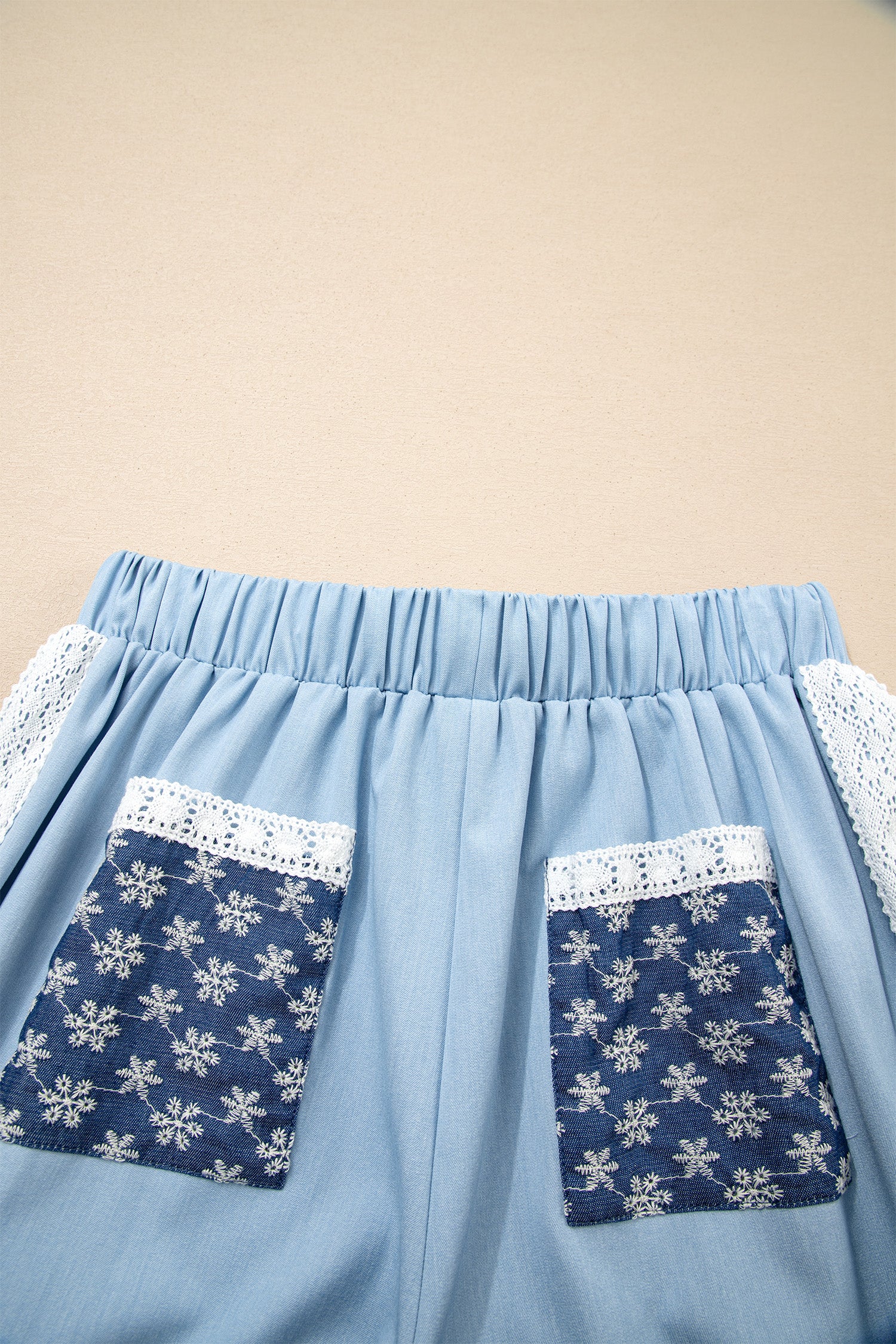 Beau Blue Lace Accent Floral Patched Pocket Pleated Wide Leg Slouchy Pants-Bottoms/Pants & Culotte-[Adult]-[Female]-2022 Online Blue Zone Planet