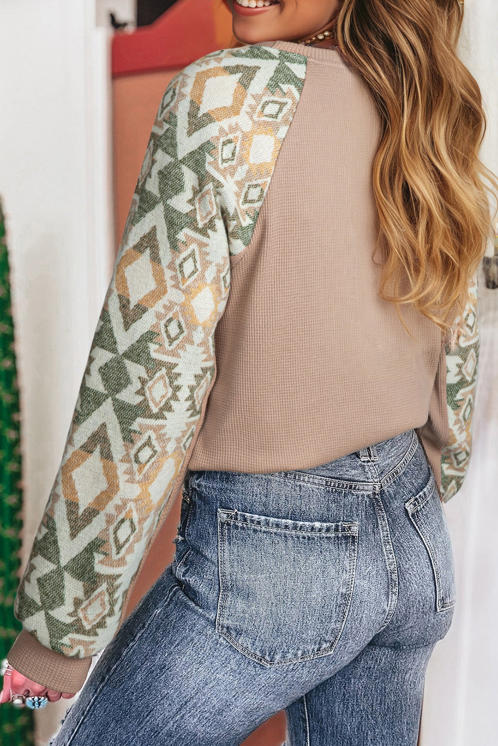 Smoke Gray Waffle Aztec Patchwork Raglan Sleeve Knit Top-Tops/Long Sleeve Tops-[Adult]-[Female]-2022 Online Blue Zone Planet