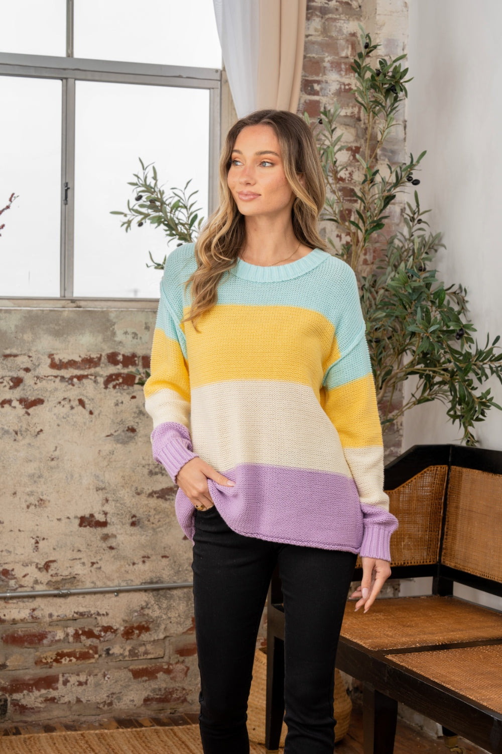 Sew In Love Full Size Color Block Exposed Seam Sweater-TOPS / DRESSES-[Adult]-[Female]-2022 Online Blue Zone Planet