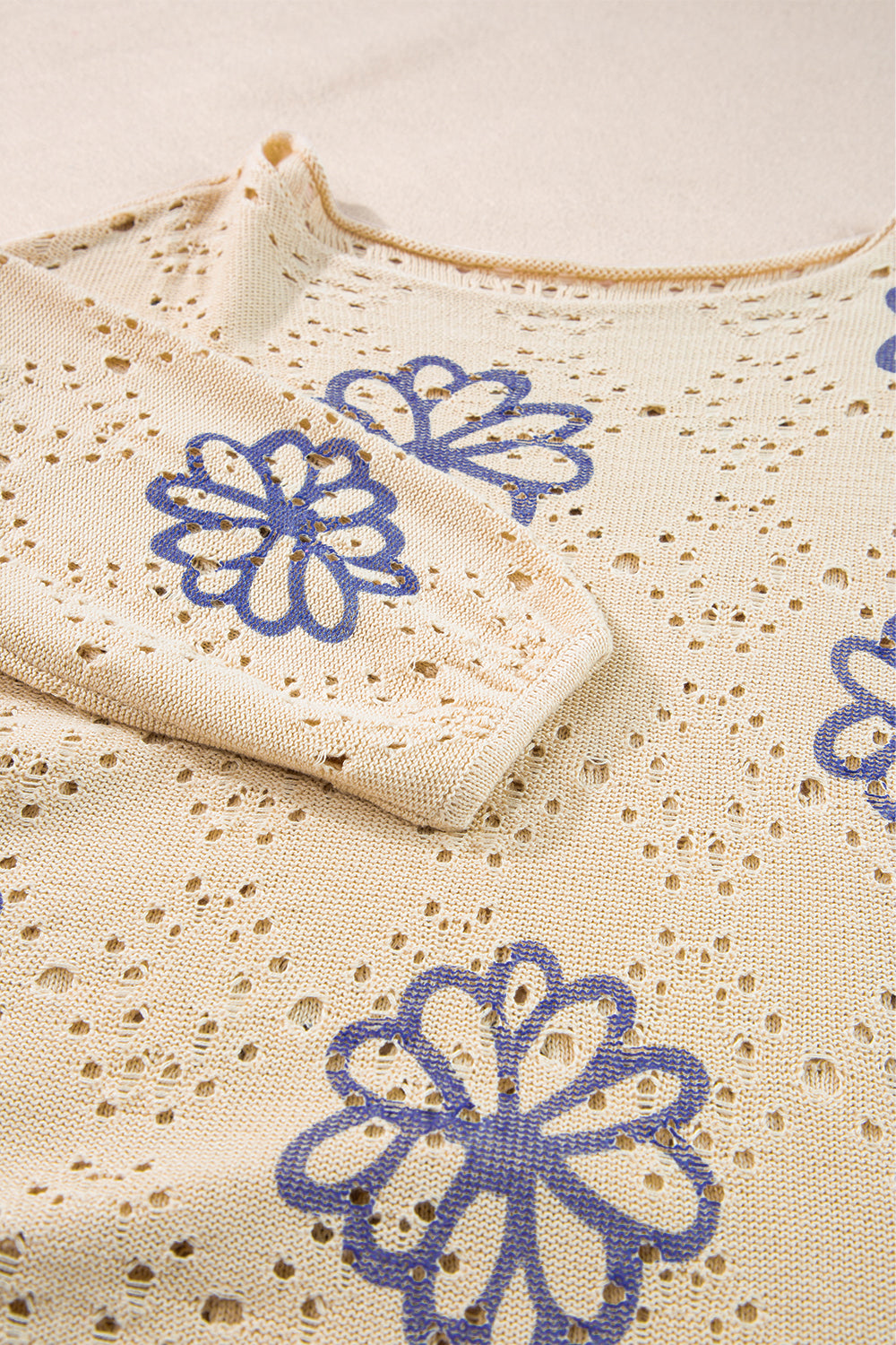 Beige Contrast Flower Print Eyelet Drop Shoulder Sweater-Sweaters & Cardigans/Sweaters-[Adult]-[Female]-2022 Online Blue Zone Planet