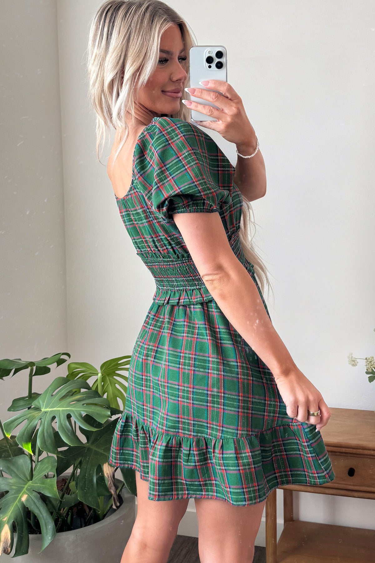 Green Plaid Shirred U Neck Short Sleeve Mini Dress-TOPS / DRESSES-[Adult]-[Female]-2022 Online Blue Zone Planet