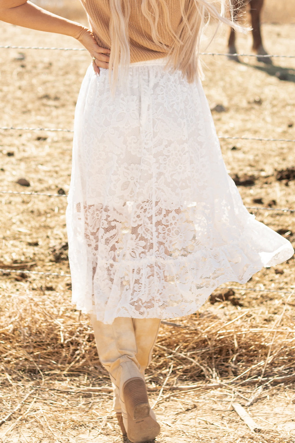 White Lace Ruffled High-low Hem Midi Skirt-Bottoms/Skirts & Petticoat-[Adult]-[Female]-2022 Online Blue Zone Planet