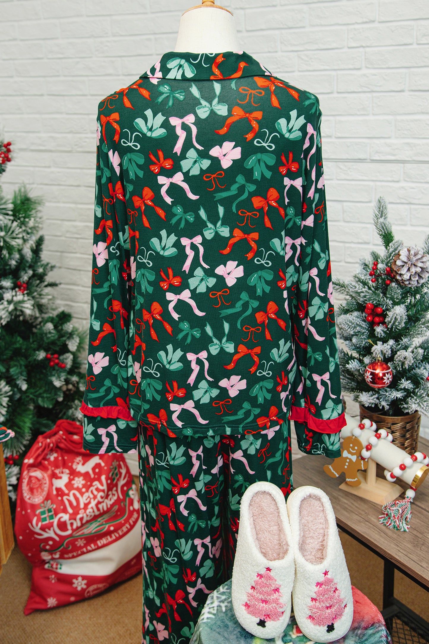 Green Festive Bow Print 2pcs Pajama Pant Set-Loungewear & Sleepwear/Sleepwear-[Adult]-[Female]-2022 Online Blue Zone Planet
