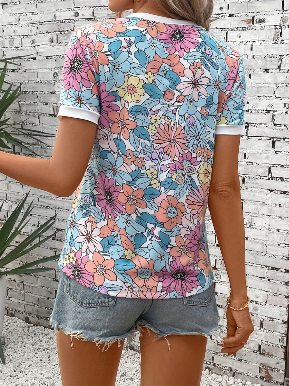 Floral Round Neck Short Sleeve T-Shirt-TOPS / DRESSES-[Adult]-[Female]-2022 Online Blue Zone Planet