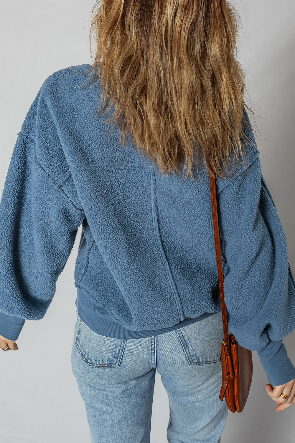 Sail Blue Fleece Drop Shoulder Exposed Seam Patchwork Casual Sweatshirt-Tops/Sweatshirts & Hoodies-[Adult]-[Female]-2022 Online Blue Zone Planet
