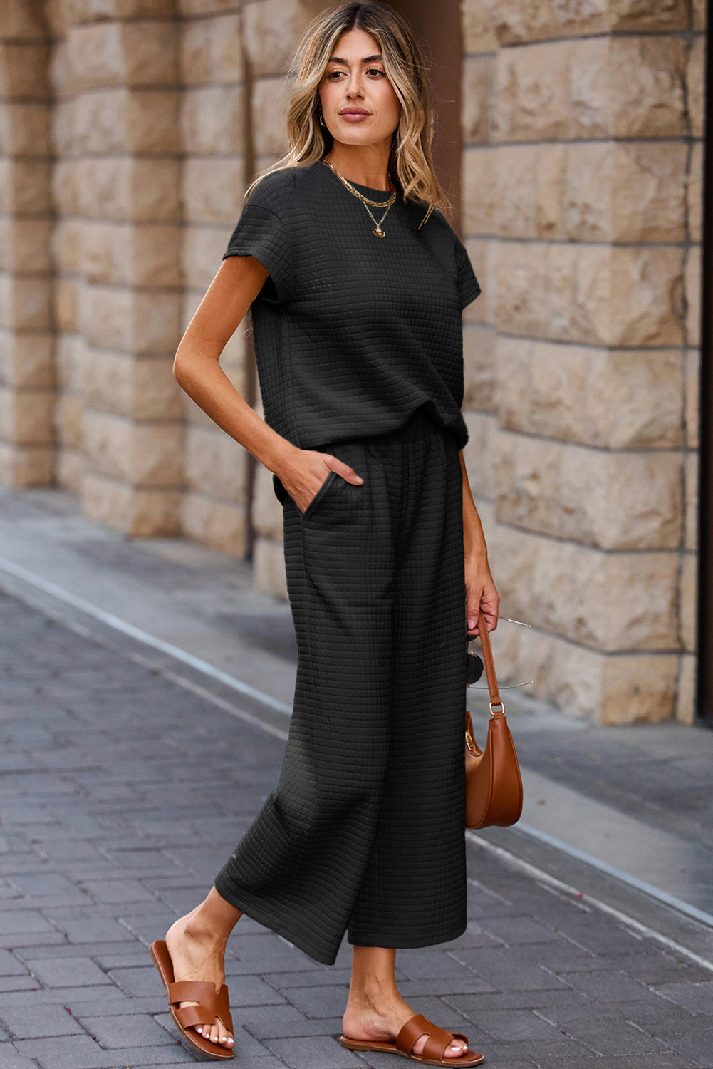 Black Solid Color Textured Short Sleeve Top And Casual Pants Set-Two Piece Sets/Pant Sets-[Adult]-[Female]-2022 Online Blue Zone Planet