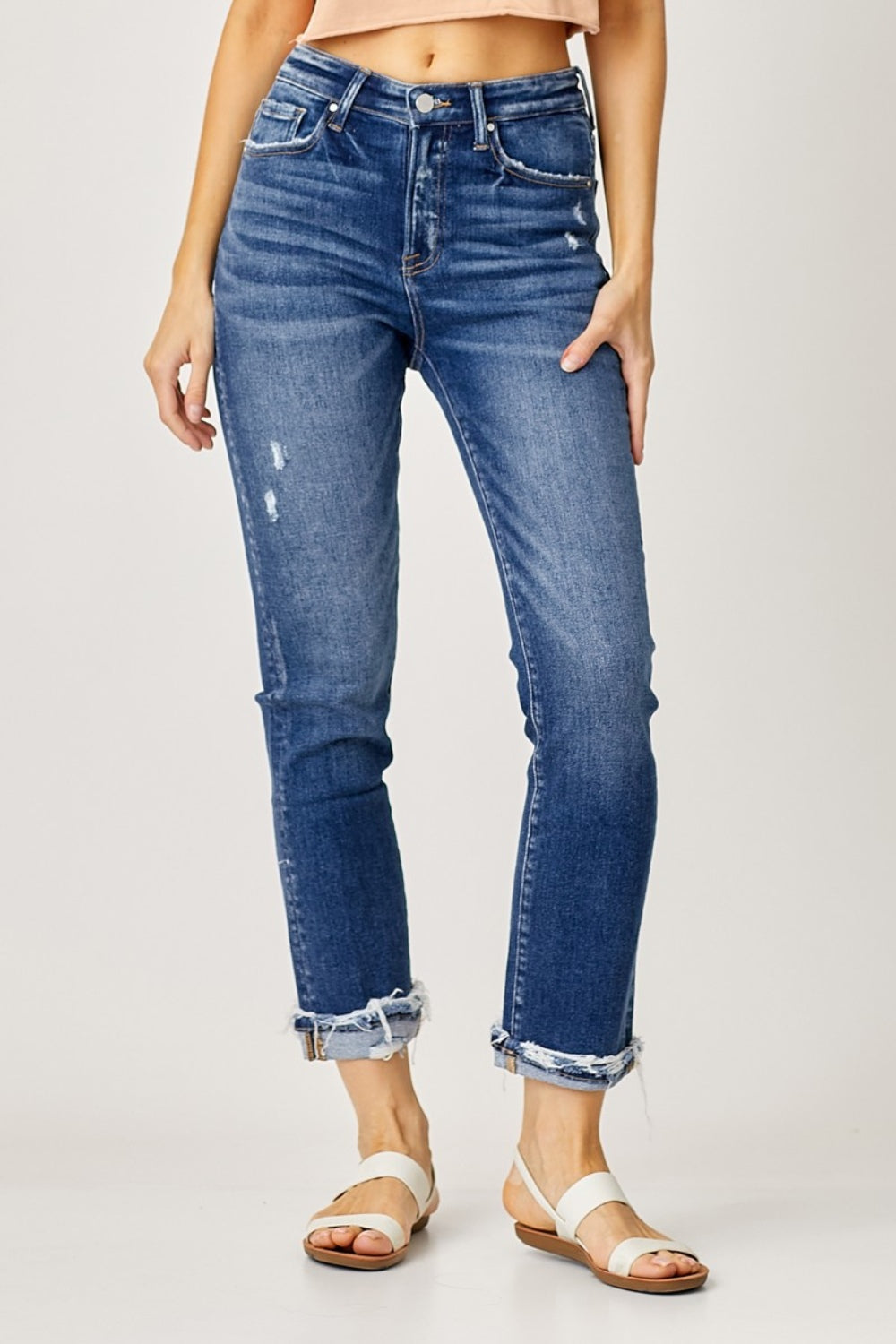 Blue Zone Planet | Risen Full Size High-Rise Frayed Cuffed Straight Jeans-BOTTOMS SIZES SMALL MEDIUM LARGE-[Adult]-[Female]-2022 Online Blue Zone Planet