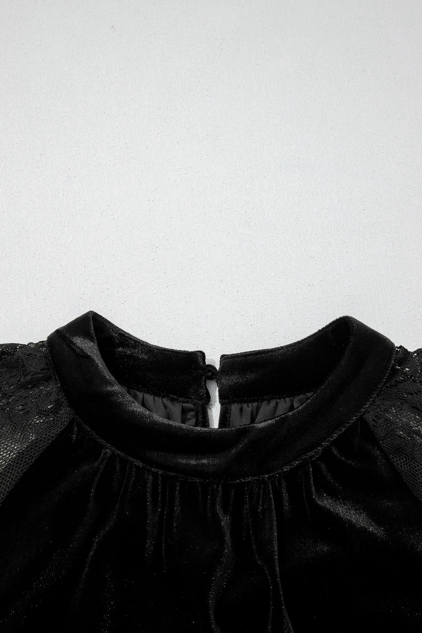 Color Black Solid Color Sheer Lace Long Sleeve Patchwork Stand Neck Velvet Blouse-Tops/Blouses & Shirts-[Adult]-[Female]-2022 Online Blue Zone Planet