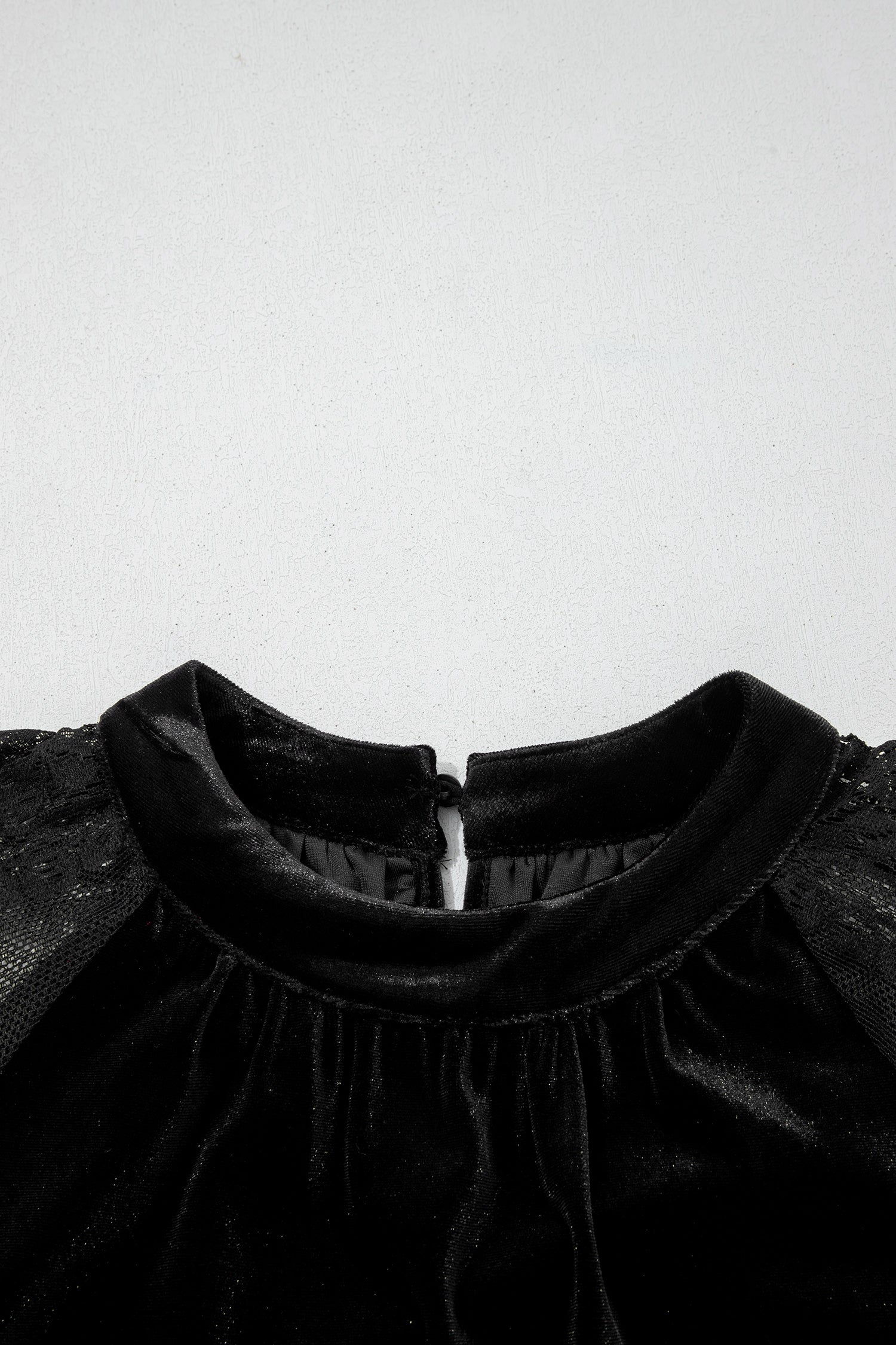 Color Black Solid Color Sheer Lace Long Sleeve Patchwork Stand Neck Velvet Blouse-Tops/Blouses & Shirts-[Adult]-[Female]-2022 Online Blue Zone Planet