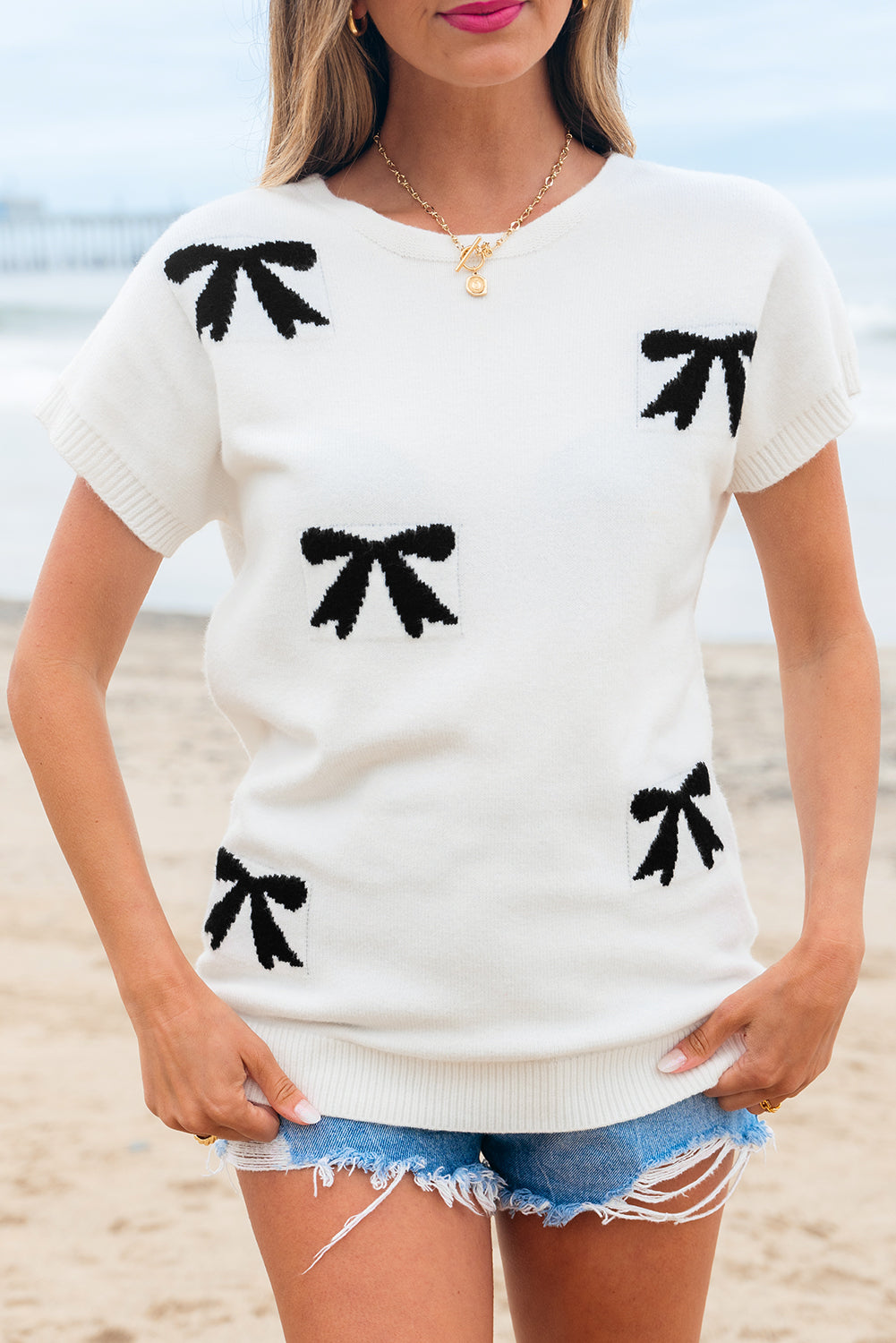 Black Bow Pattern Knit Short Sleeve Sweater-TOPS / DRESSES-[Adult]-[Female]-2022 Online Blue Zone Planet