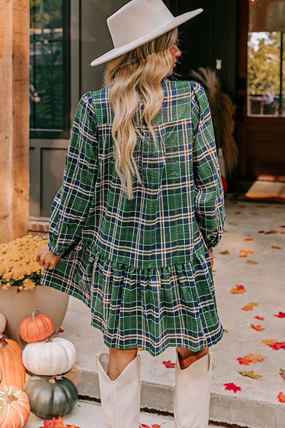 Green Plaid Print Frilly Collar Long Sleeve Shift Mini Dress-TOPS / DRESSES-[Adult]-[Female]-2022 Online Blue Zone Planet