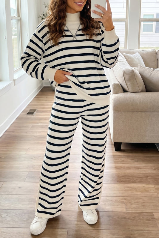 Blue Stripe Striped Ribbed Cuff Collar Pocket Loose Pant Set-Two Piece Sets/Pant Sets-[Adult]-[Female]-Blue Stripe-S-2022 Online Blue Zone Planet
