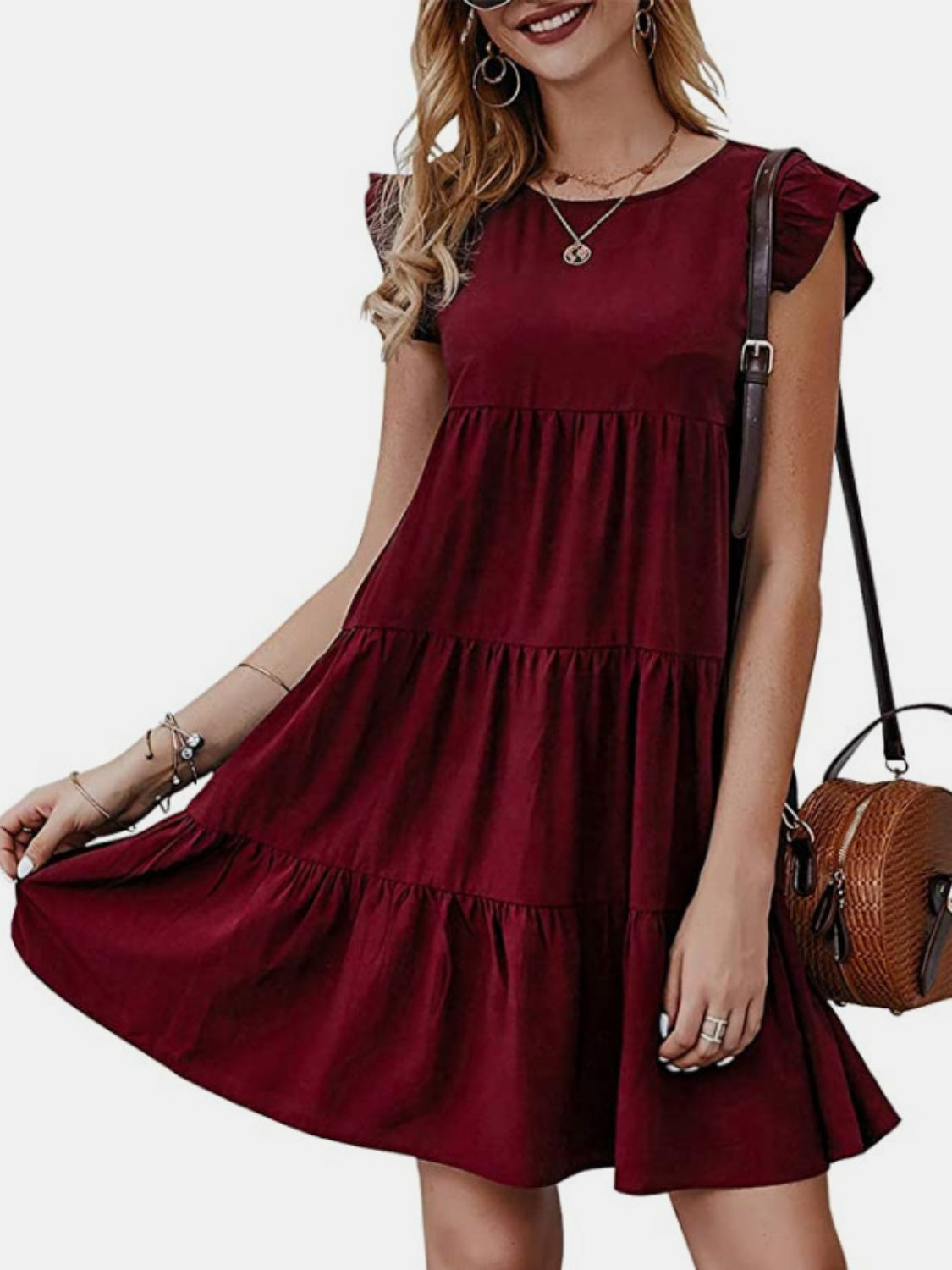 Ruffled Round Neck Cap Sleeve Mini Dress-TOPS / DRESSES-[Adult]-[Female]-Burgundy-S-2022 Online Blue Zone Planet