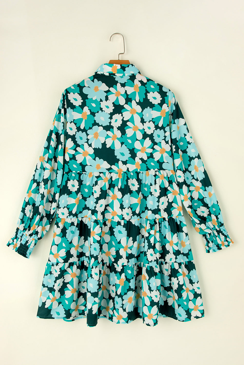 Blue Zone Planet | Green Floral Tiered Long Puff Sleeve Shirt Dress-TOPS / DRESSES-[Adult]-[Female]-2022 Online Blue Zone Planet