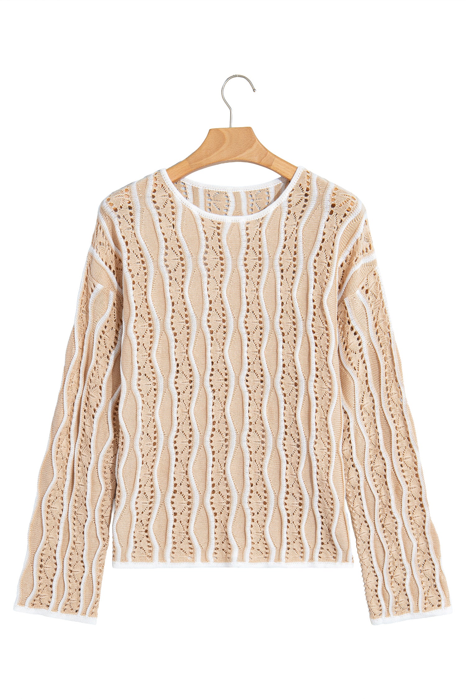 Khaki Wavy Detail Hollow Out Knit Long Sleeve Cotton Pullover Sweater-Sweaters & Cardigans/Sweaters-[Adult]-[Female]-2022 Online Blue Zone Planet