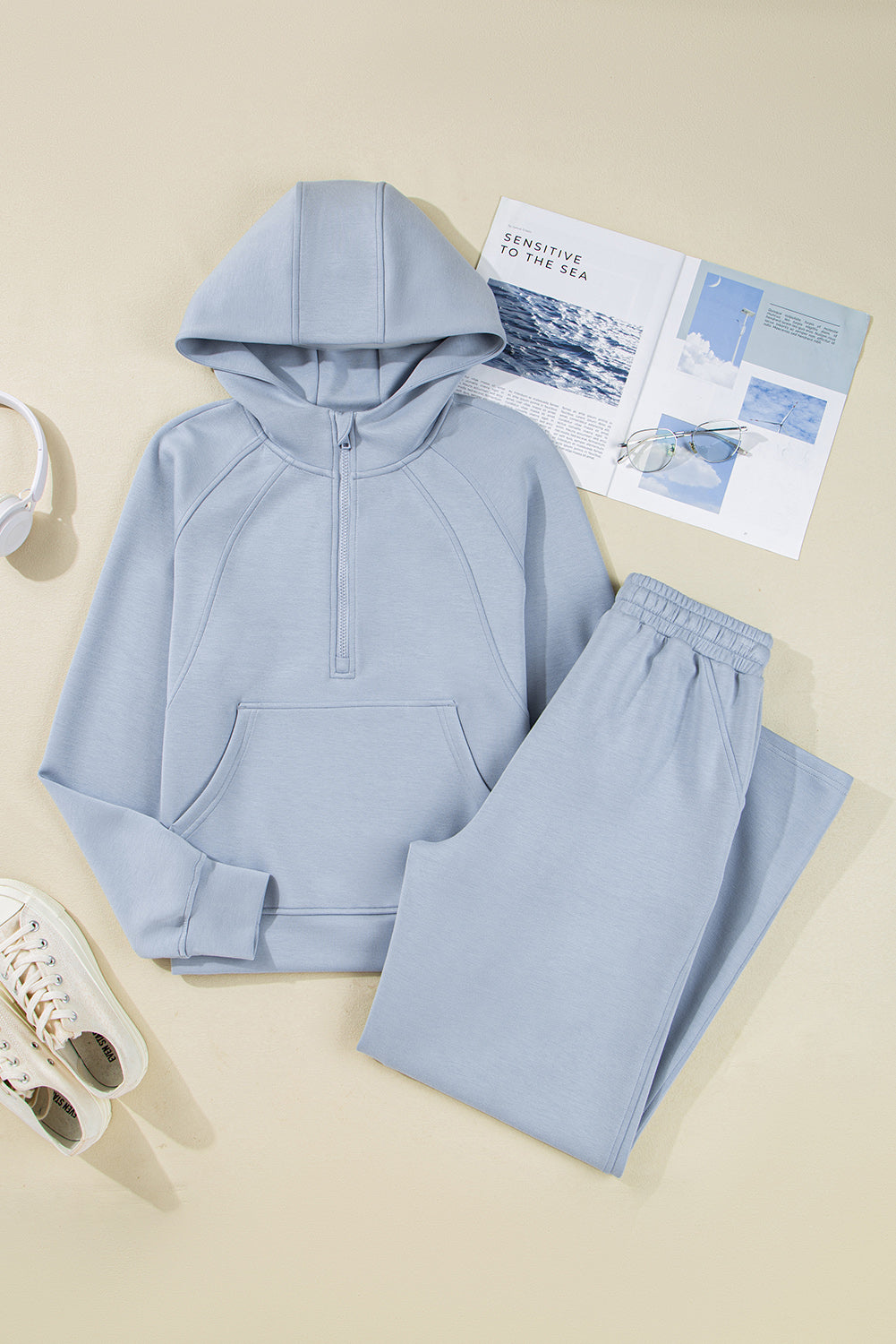 Beau Blue Half Zip Thumbhole Sleeve Hoodie Active Pants 2pcs Outfit-Tops / Dresses-[Adult]-[Female]-2022 Online Blue Zone Planet