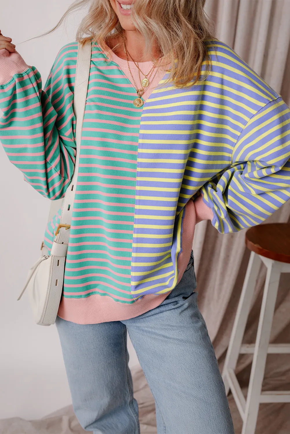 Blue Zone Planet | Contrast Stripes Round Neck Long Sleeve Sweatshirt-TOPS / DRESSES-[Adult]-[Female]-2022 Online Blue Zone Planet