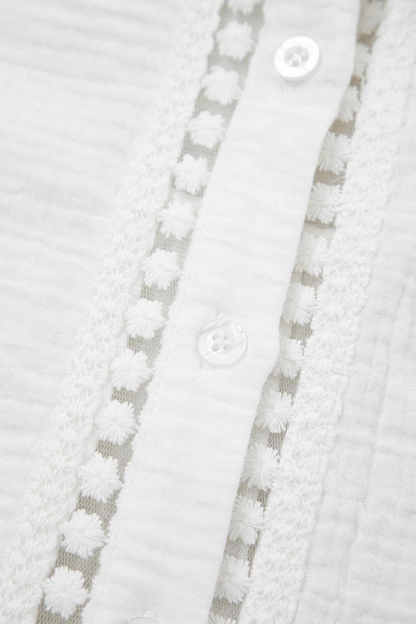 White Lace Trim Cuffed Short Sleeve Textured Shirt-Tops/Blouses & Shirts-[Adult]-[Female]-2022 Online Blue Zone Planet