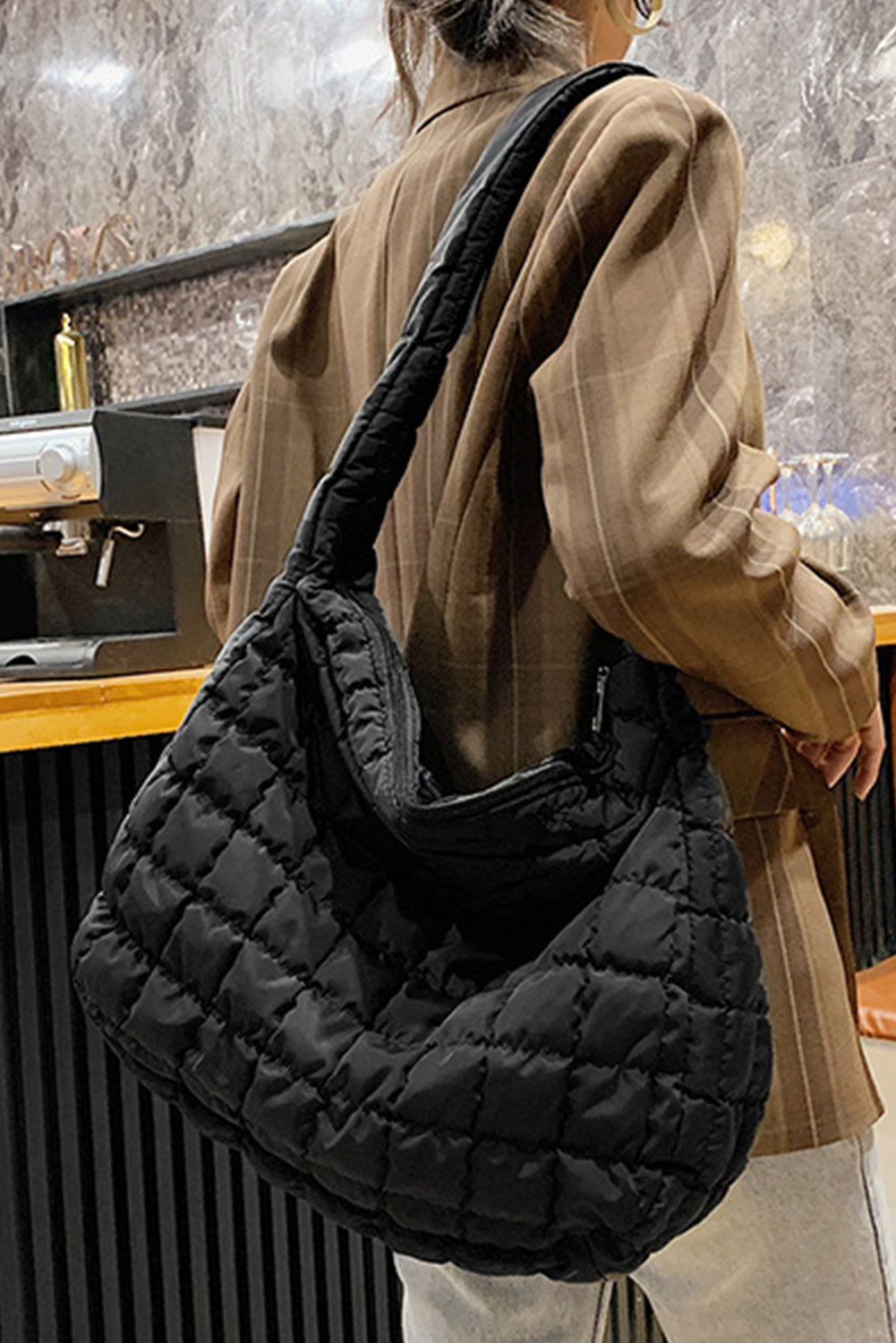 Black Quilted Zipper Large Shoulder Bag-Shoes & Bags/Shoulder Bags-[Adult]-[Female]-2022 Online Blue Zone Planet