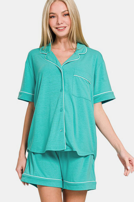 Blue Zone Planet | Zenana Button Down Short Sleeve Top and Shorts Lounge Set-BOTTOM SIZES SMALL MEDIUM LARGE-[Adult]-[Female]-Turquoise-S-2022 Online Blue Zone Planet