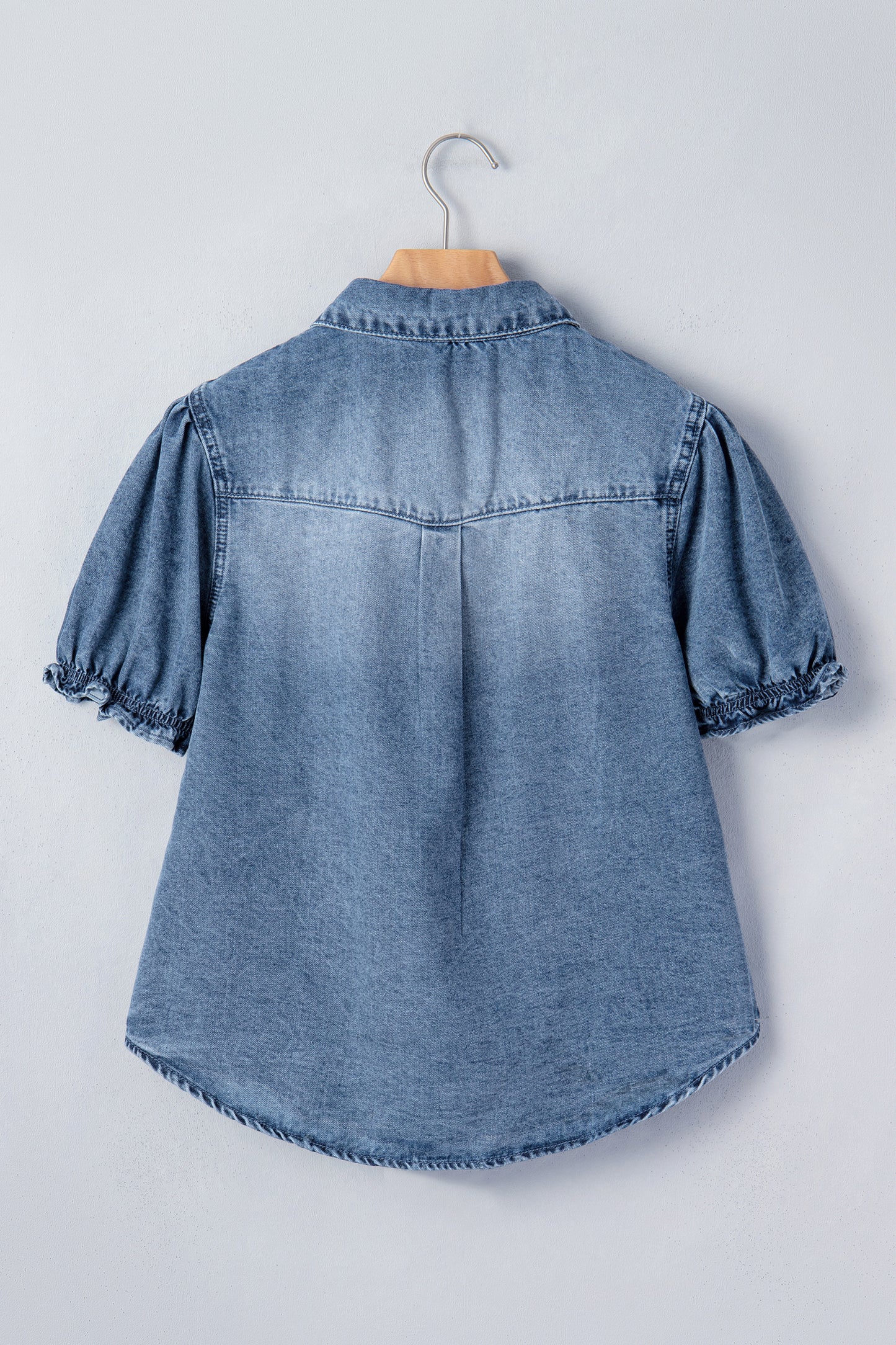 Beau Blue Frilled Short Sleeve Snap Button Denim Shirt-Tops/Blouses & Shirts-[Adult]-[Female]-2022 Online Blue Zone Planet