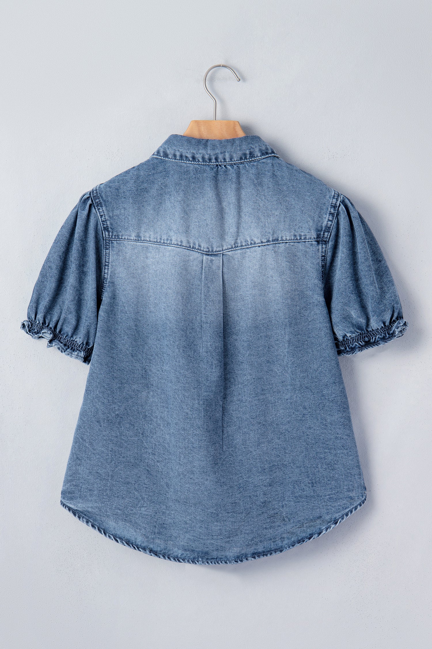 Beau Blue Frilled Short Sleeve Snap Button Denim Shirt-Tops/Blouses & Shirts-[Adult]-[Female]-2022 Online Blue Zone Planet