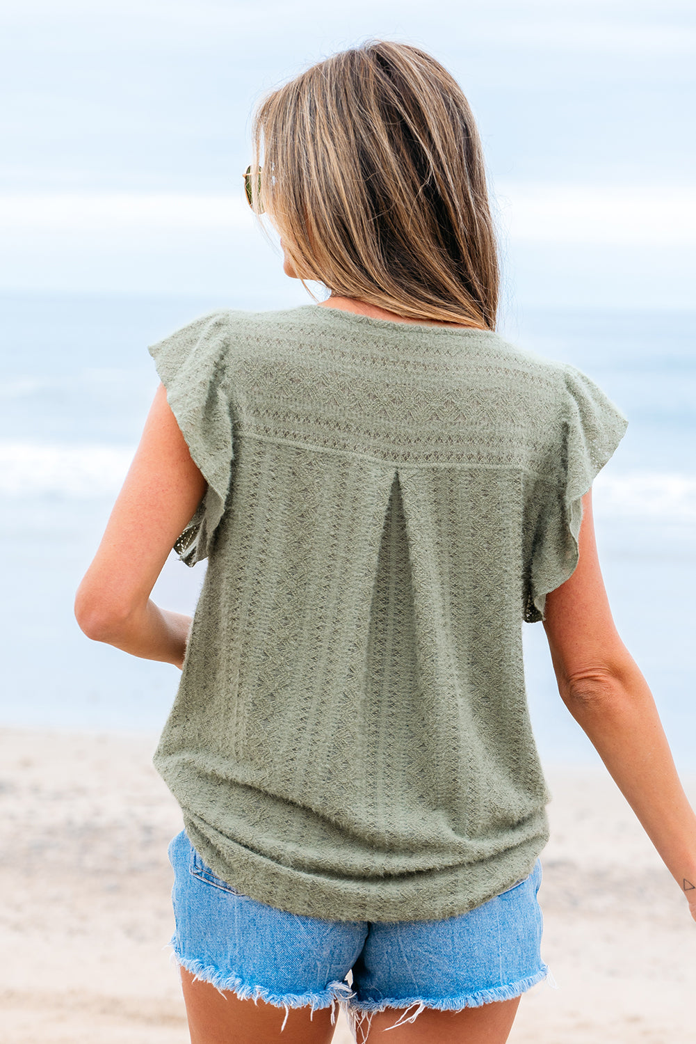 Laurel Green Flutter Sleeve Lace V Neck Shirt-Tops/Blouses & Shirts-[Adult]-[Female]-2022 Online Blue Zone Planet
