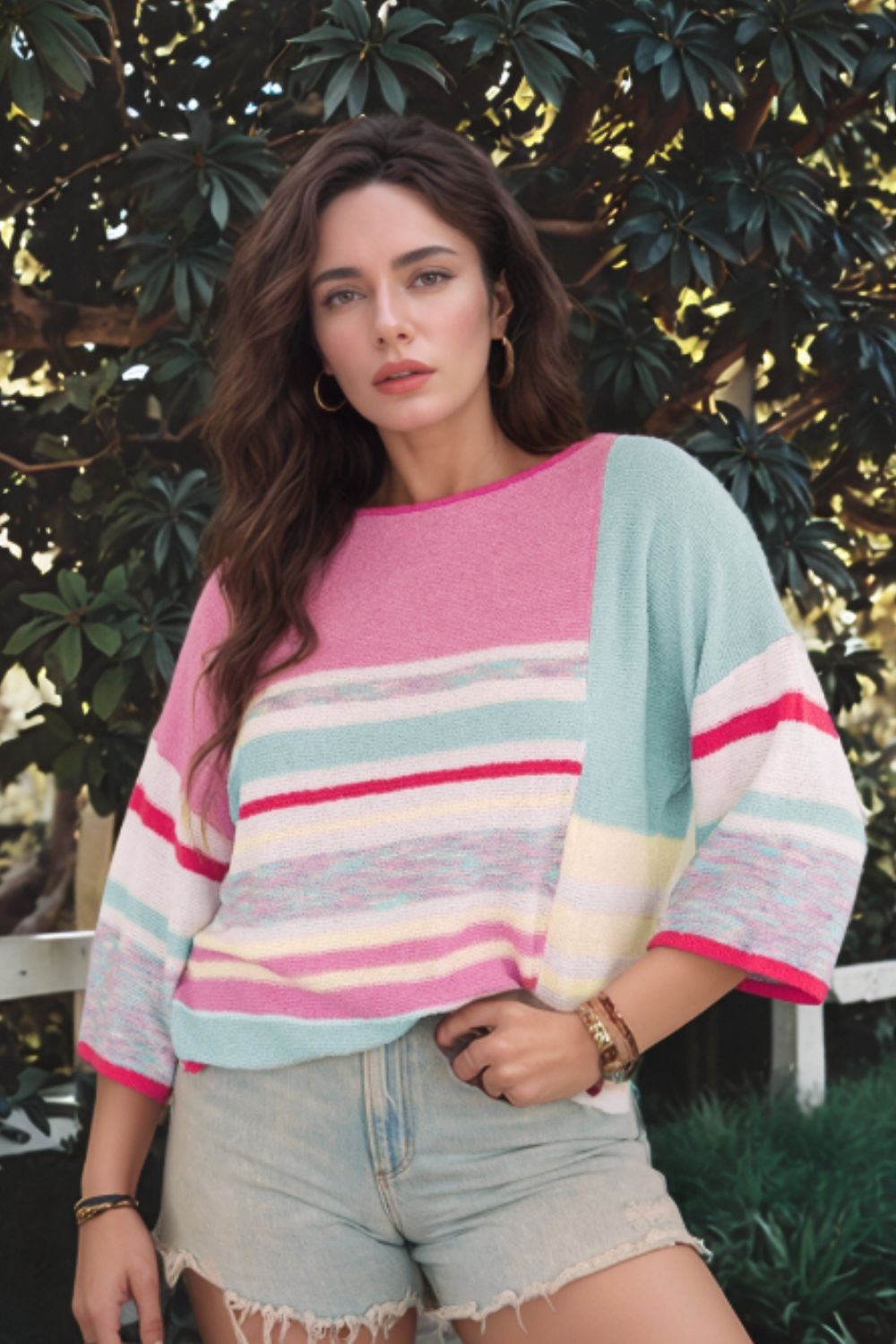 Blue Zone Planet | Contrast Round Neck Three-Quarter Sleeve Knit Top-TOPS / DRESSES-[Adult]-[Female]-2022 Online Blue Zone Planet