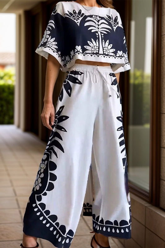 Printed Half Sleeve Top and Wide Leg Pants Set-TOPS / DRESSES-[Adult]-[Female]-White-S-2022 Online Blue Zone Planet