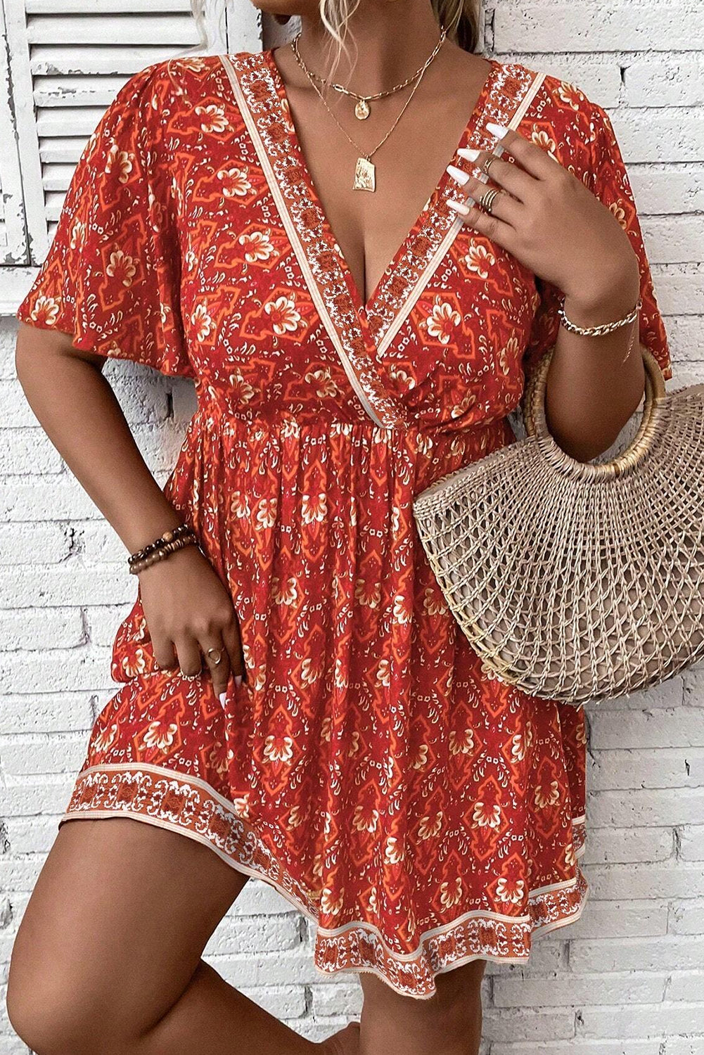 Orange Plus Size Printed Surplice Neck Empire Waist Flowy Mini Dress-Plus Size/Plus Size Dresses/Plus Size Mini Dresses-[Adult]-[Female]-Orange-1X-2022 Online Blue Zone Planet