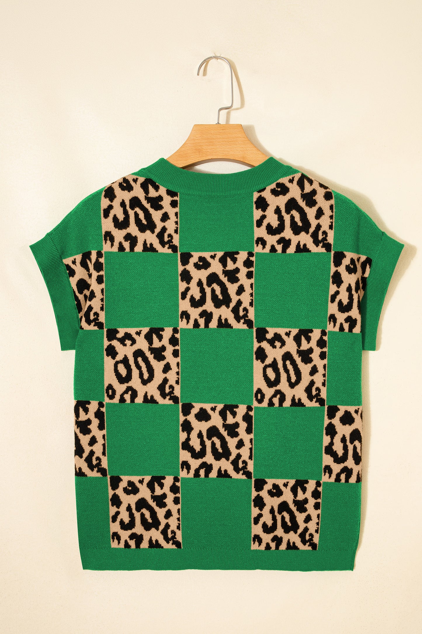 Green Leopard Checkerboard Short Sleeve Knit Sweater-TOPS / DRESSES-[Adult]-[Female]-2022 Online Blue Zone Planet