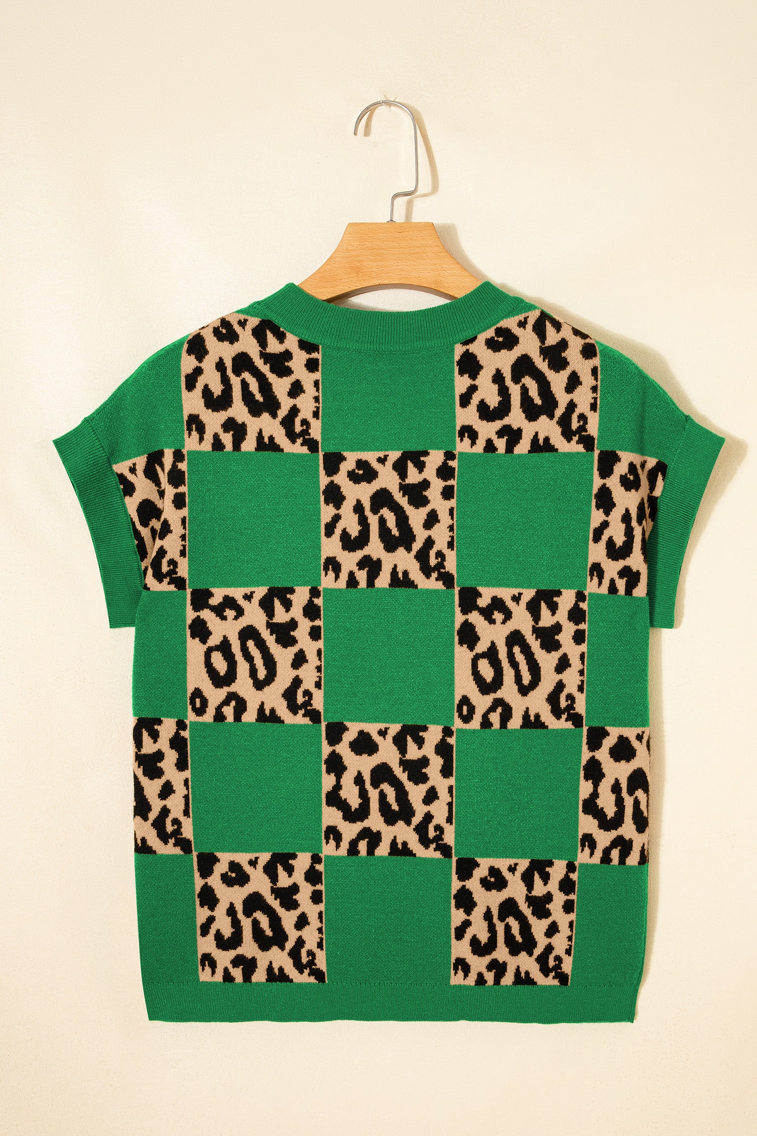 Green Leopard Checkerboard Short Sleeve Knit Sweater-TOPS / DRESSES-[Adult]-[Female]-2022 Online Blue Zone Planet