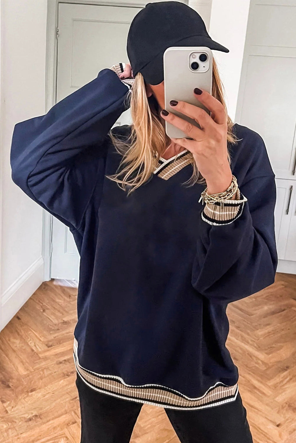 Navy Blue Varsity Contrast Striped Trim V Neck Sweatshirt-Tops/Sweatshirts & Hoodies-[Adult]-[Female]-2022 Online Blue Zone Planet