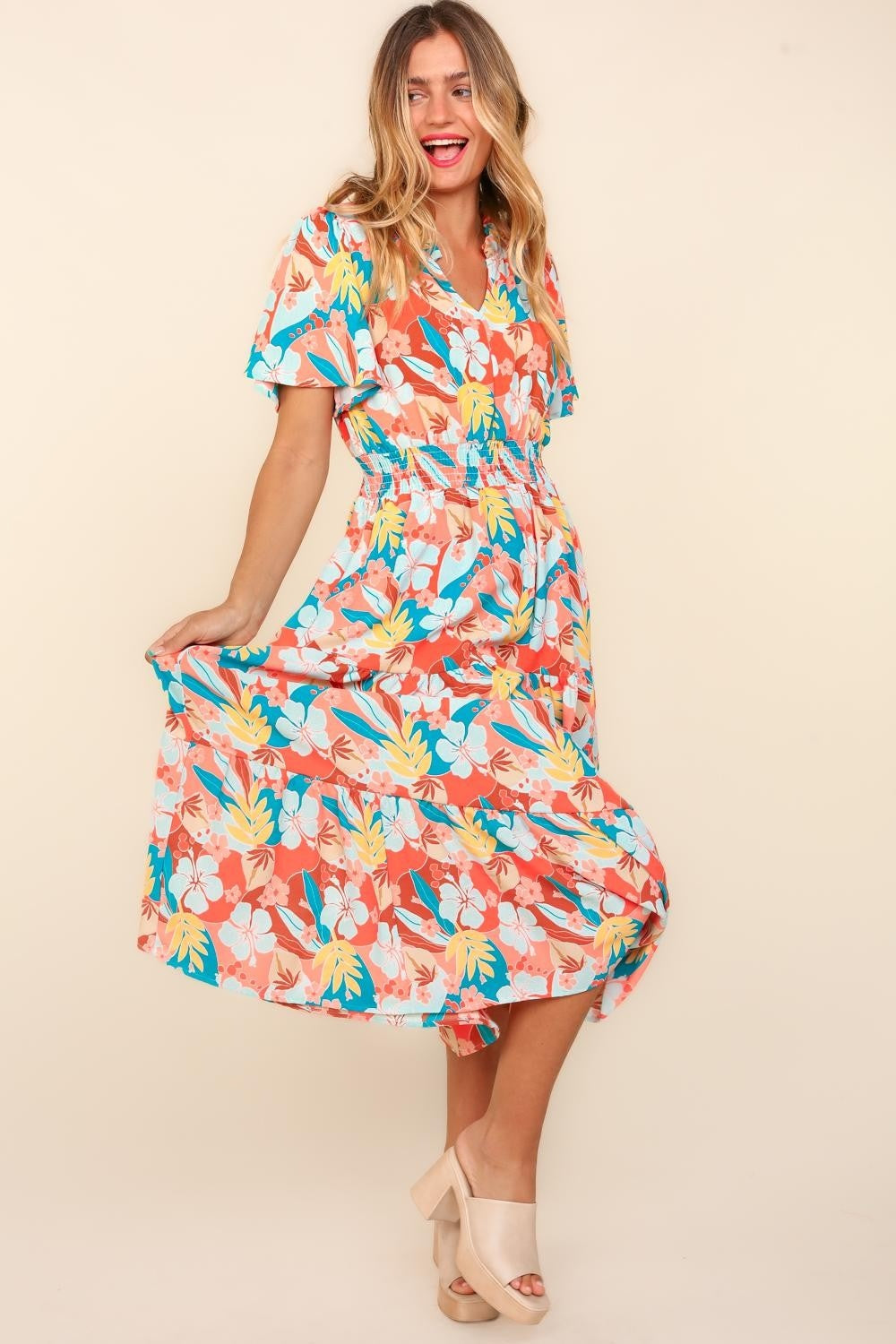 Haptics Full Size Tropical Floral Tiered Dress with Side Pockets-TOPS / DRESSES-[Adult]-[Female]-2022 Online Blue Zone Planet