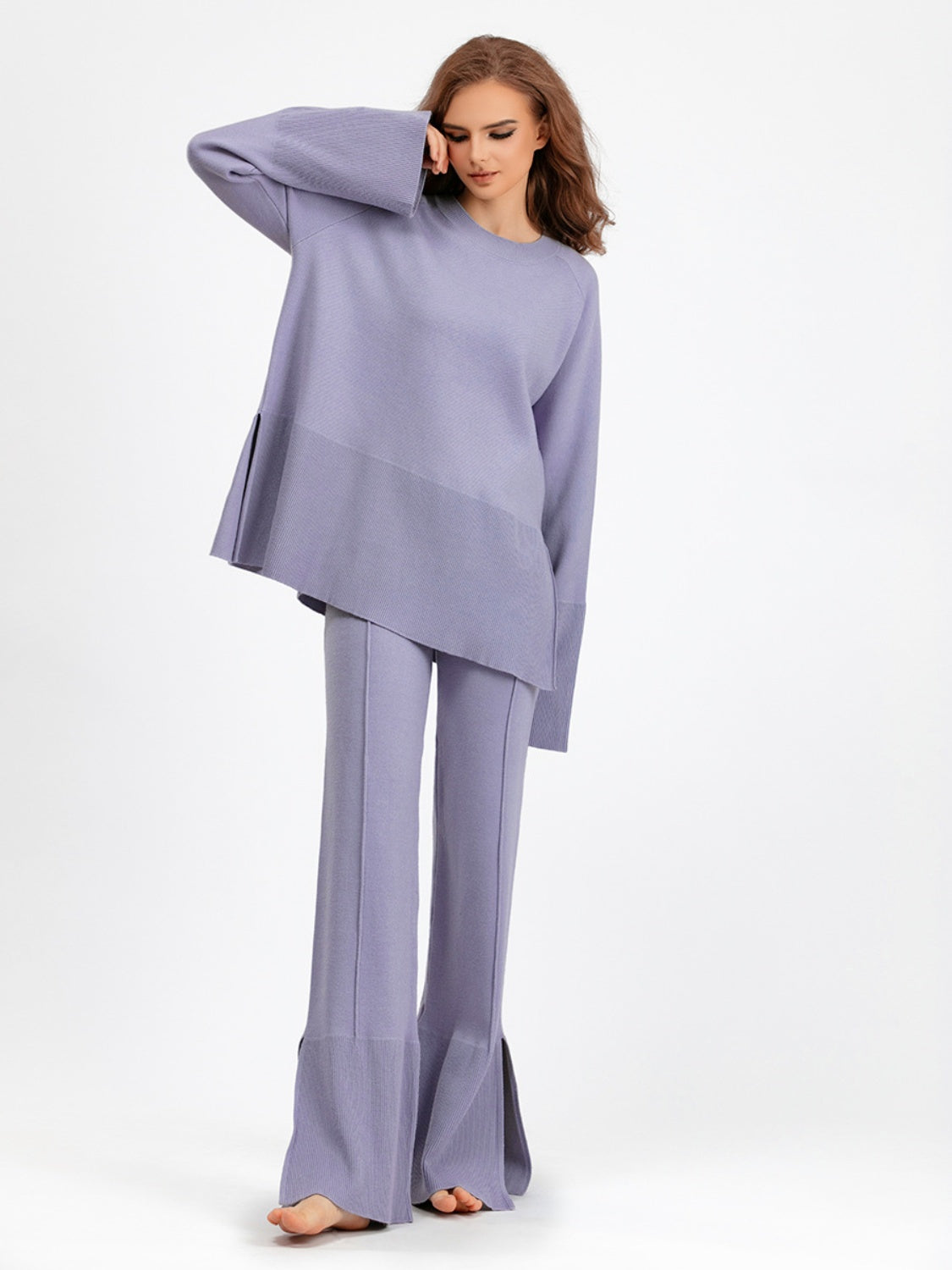 Blue Zone Planet | Basic Bae Slit Round Neck Long Sleeve Top and Drawstring Pants Sweater Set-TOPS / DRESSES-[Adult]-[Female]-2022 Online Blue Zone Planet