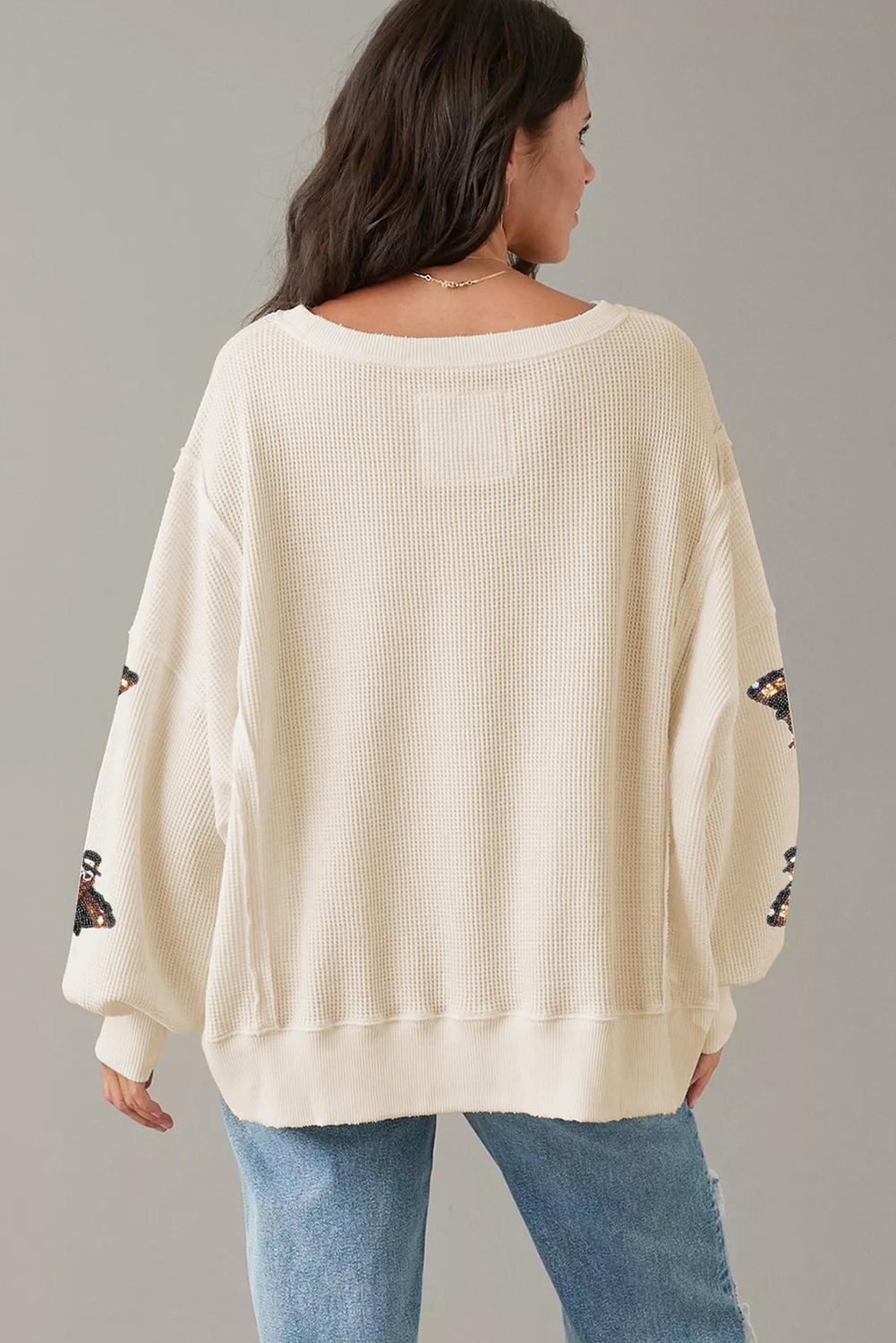 White Thanksgiving Turkey Waffle Oversized Knit Top-Graphic/Graphic Long Sleeve Tees-[Adult]-[Female]-2022 Online Blue Zone Planet