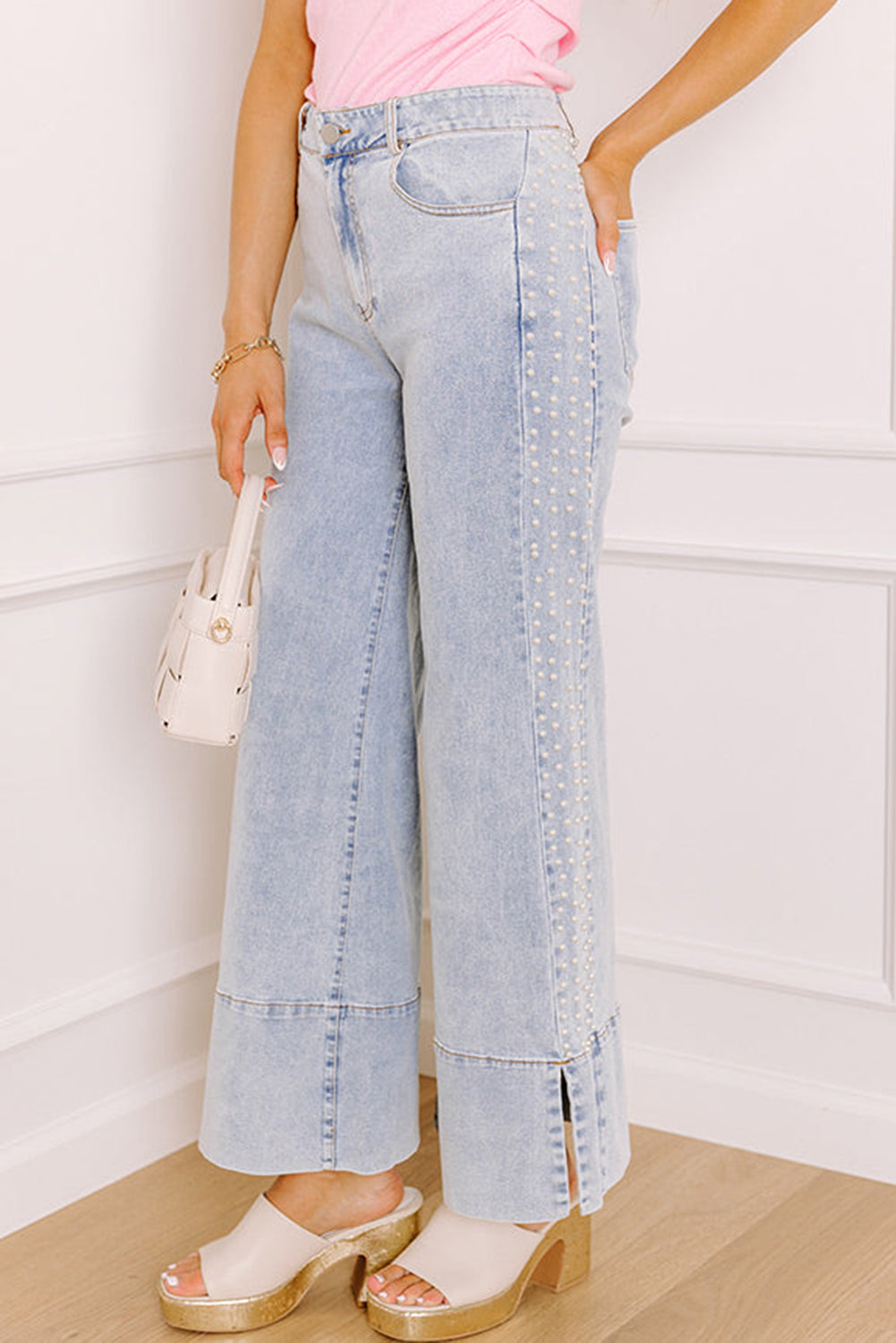 Beau Blue Mid Rise Pearl Embellished Split Wide Leg Jeans-Bottoms/Jeans-[Adult]-[Female]-2022 Online Blue Zone Planet