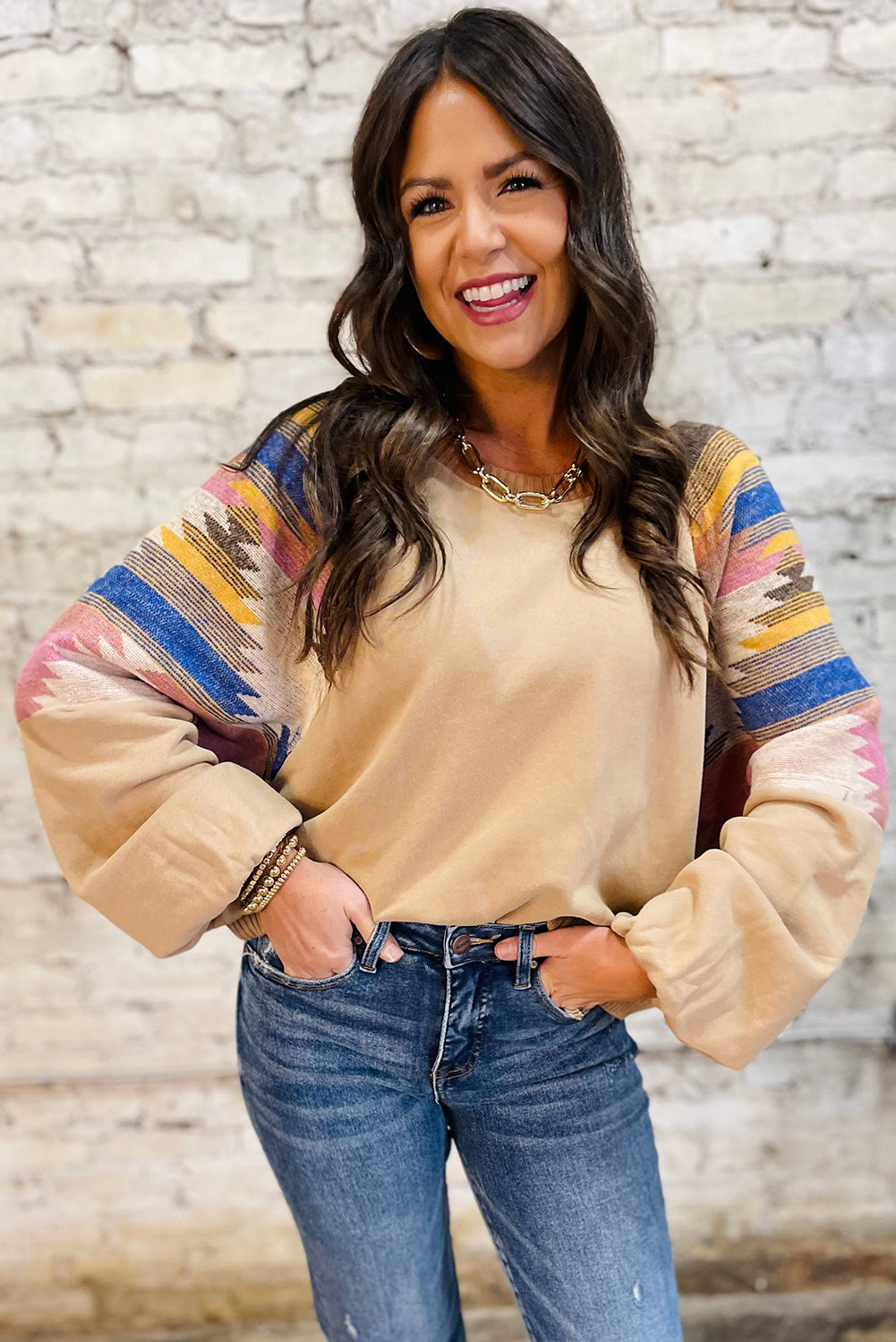 Light French Beige Aztec Patchwork Raglan Pullover Sweatshirt-Tops/Sweatshirts & Hoodies-[Adult]-[Female]-2022 Online Blue Zone Planet