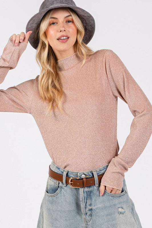 Blue Zone Planet | SAGE + FIG Glitter Mock Neck Lettuce Hem Long Sleeve Top-TOPS / DRESSES-[Adult]-[Female]-Apricot-S-2022 Online Blue Zone Planet