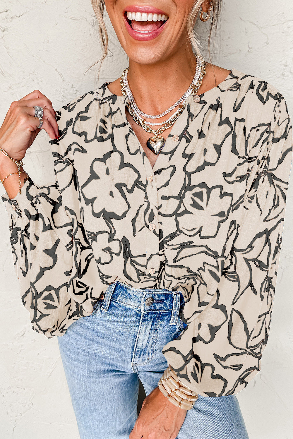 Rose Floral Print Batwing Sleeve Buttoned Loose Fit Shirt-Tops/Blouses & Shirts-[Adult]-[Female]-Gray Morn-S-2022 Online Blue Zone Planet