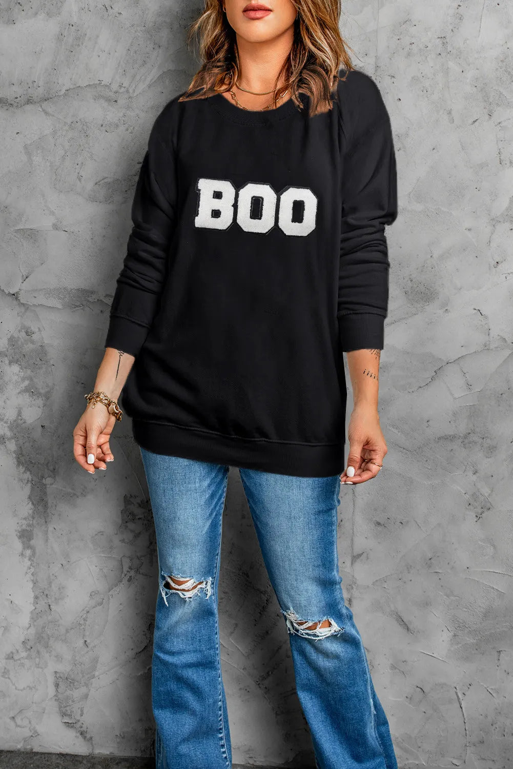 BOO Round Neck Long Sleeve Sweatshirt-TOPS / DRESSES-[Adult]-[Female]-2022 Online Blue Zone Planet