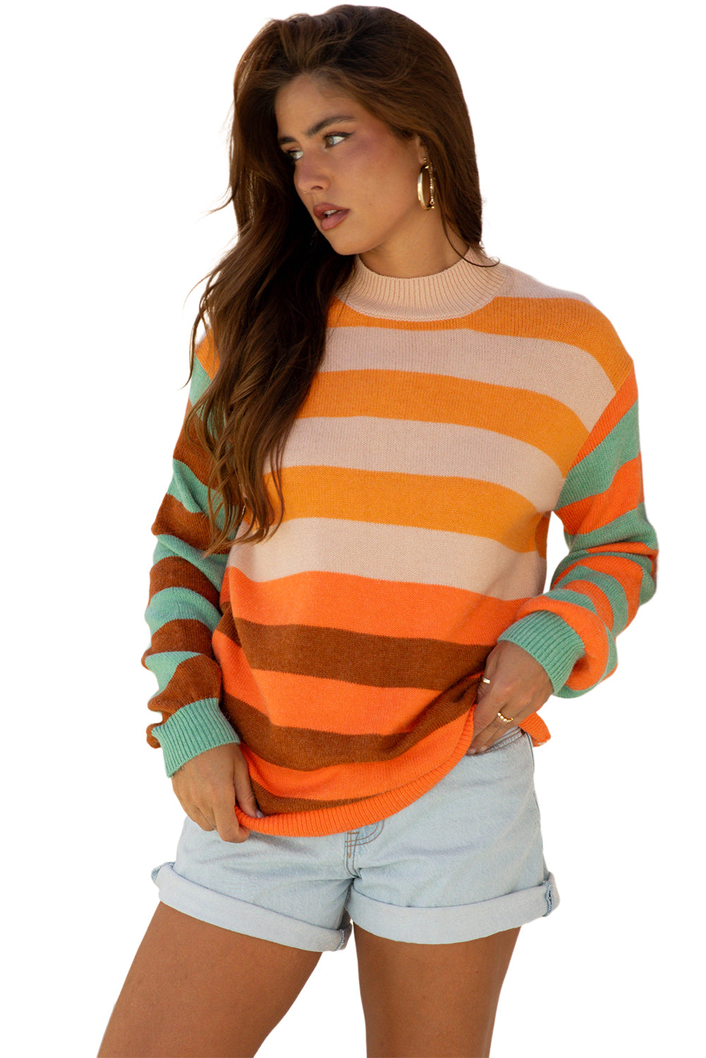 Orange Stripe Color Block High Neck Drop Shoulder Cozy Sweater-Sweaters & Cardigans/Sweaters-[Adult]-[Female]-2022 Online Blue Zone Planet