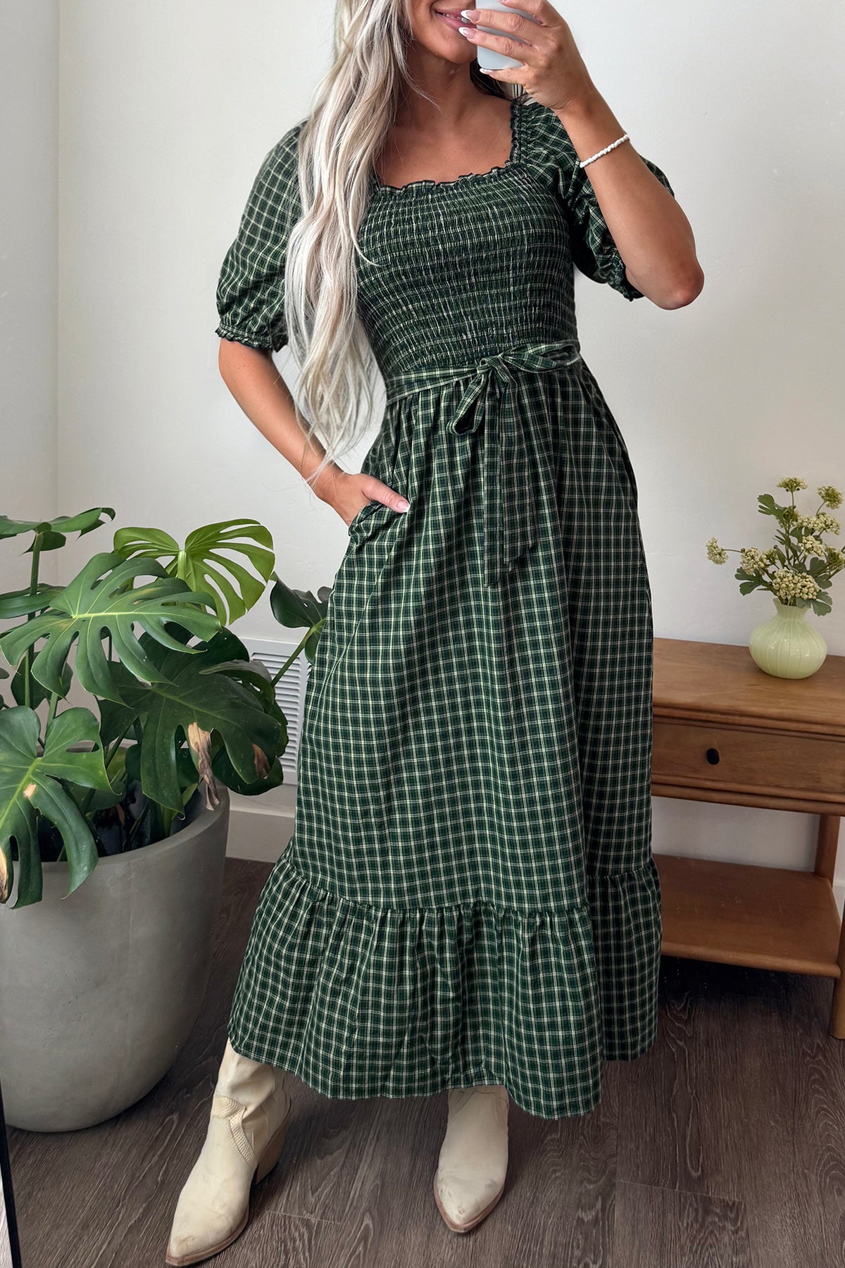 Green Plaid Square Neck Shirred High Waist Ruffle Hem Dress-TOPS / DRESSES-[Adult]-[Female]-2022 Online Blue Zone Planet