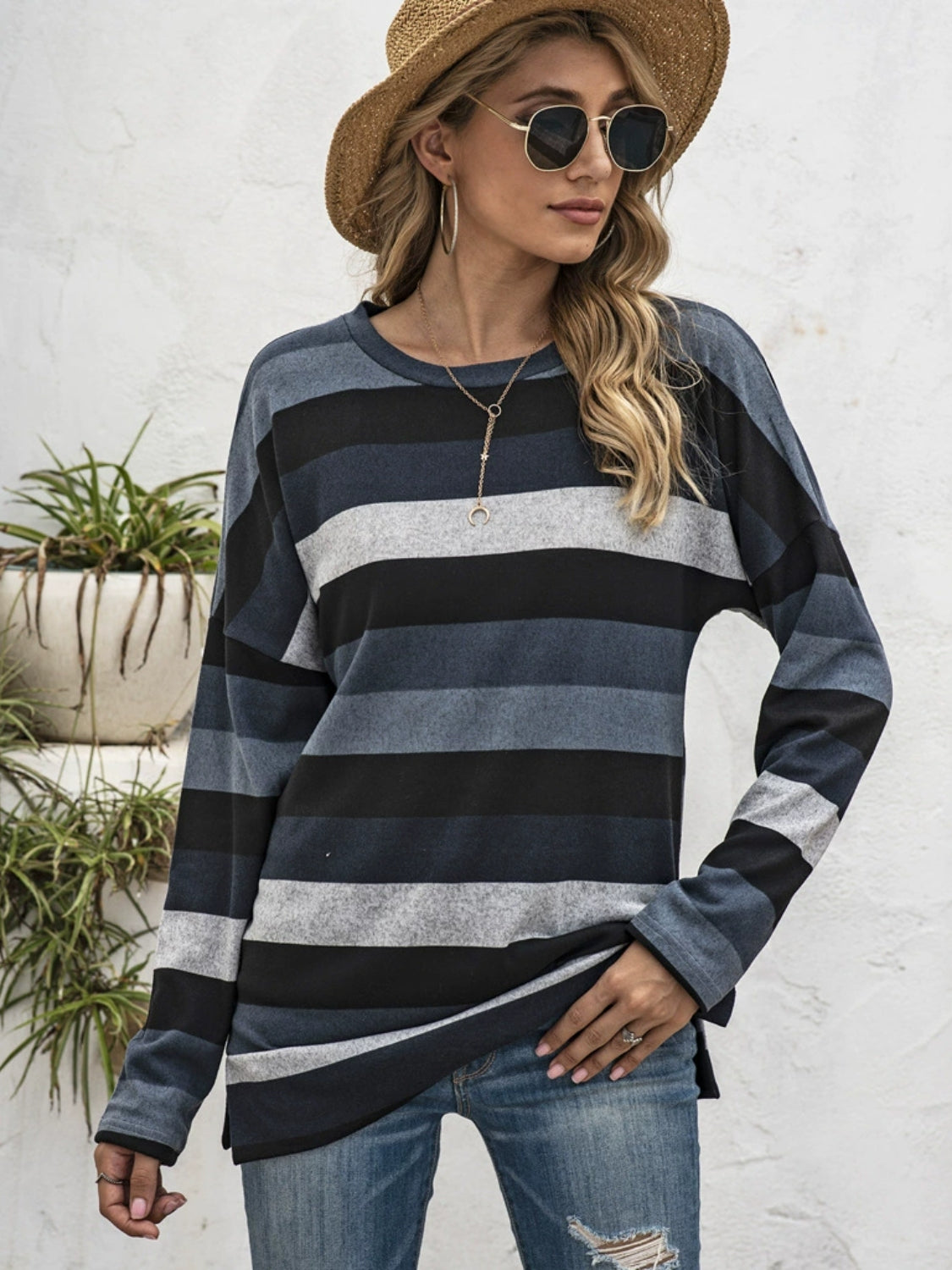 Full Size Striped Round Neck Long Sleeve T-Shirt Plus Size-TOPS / DRESSES-[Adult]-[Female]-2022 Online Blue Zone Planet