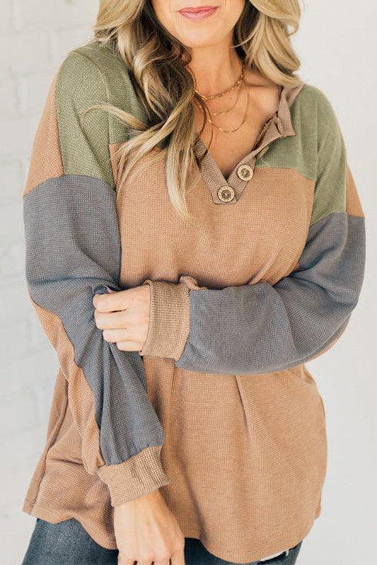 Buckskin Color Block Thermal Textured Knit Drop Shoulder Henley Top-Tops/Long Sleeve Tops-[Adult]-[Female]-Buckskin-S-2022 Online Blue Zone Planet