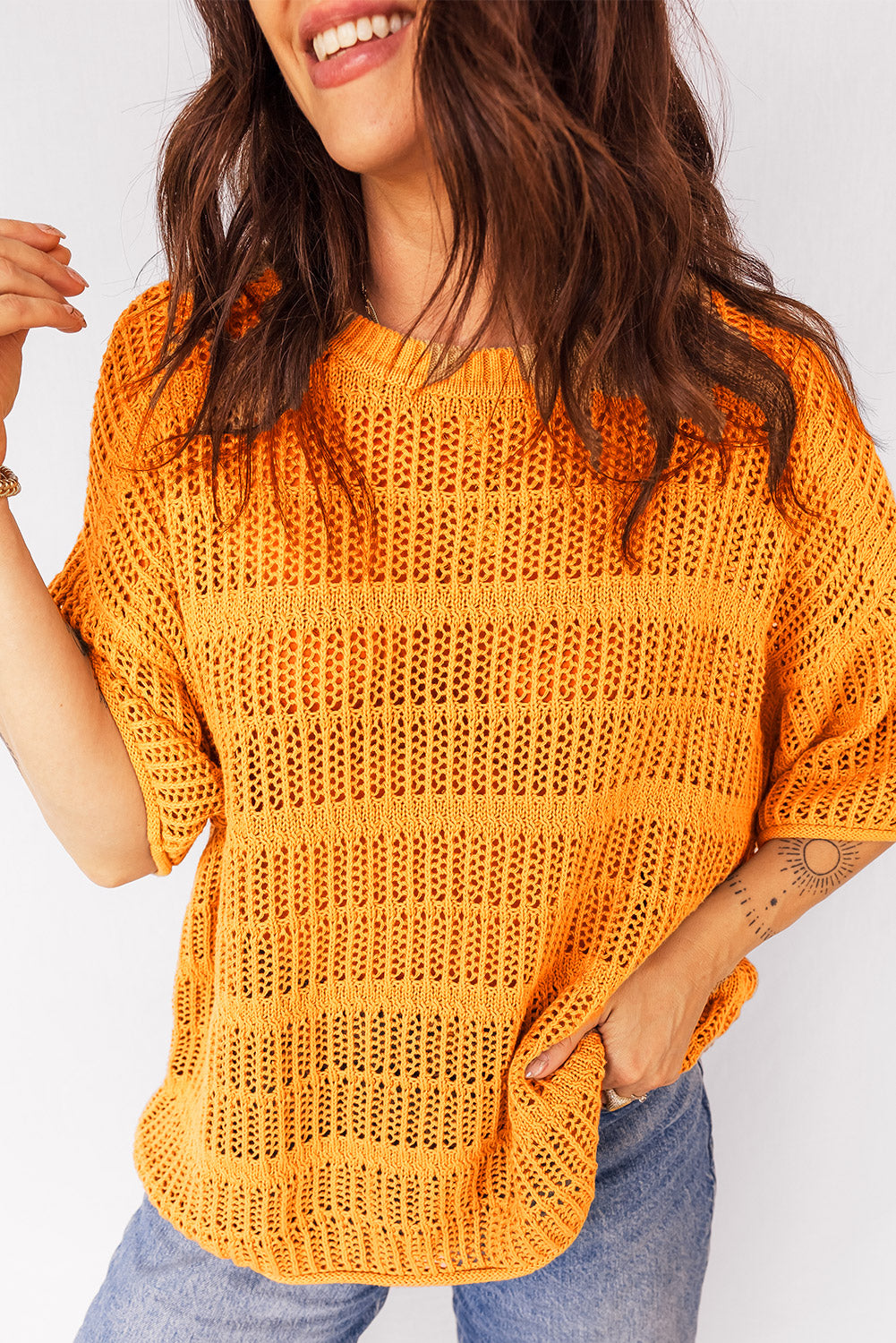 Mustard Hollow out Openwork Knit 3/4 Sleeve Sweater-TOPS / DRESSES-[Adult]-[Female]-2022 Online Blue Zone Planet