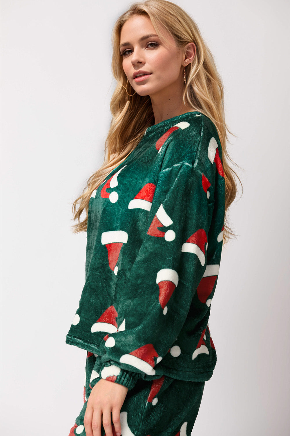 Christmas Hat Pattern Round Neck Long Sleeve Top and Pants Set-TOPS / DRESSES-[Adult]-[Female]-2022 Online Blue Zone Planet