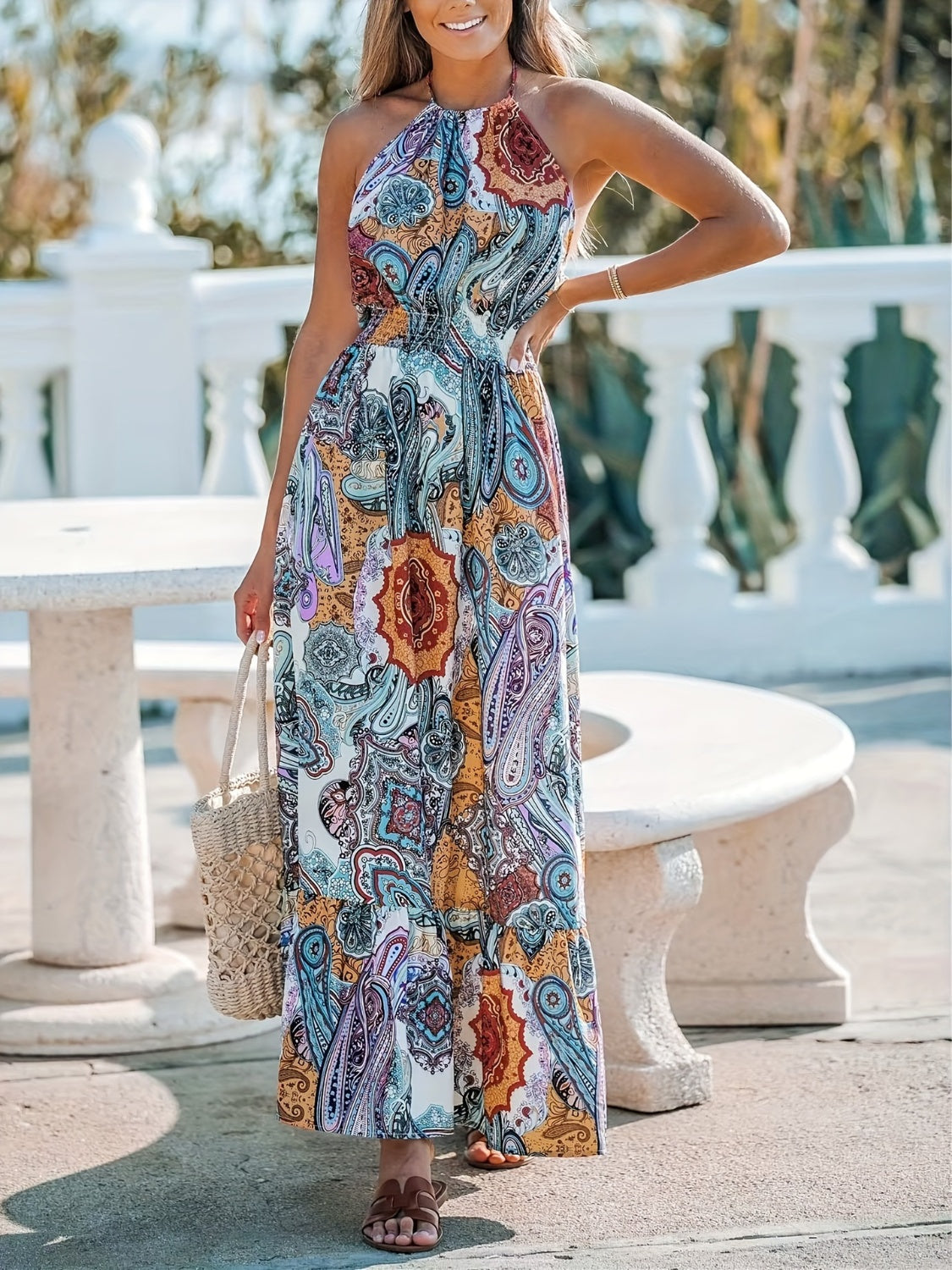 Blue Zone Planet | Printed Halter Neck Maxi Dress-TOPS / DRESSES-[Adult]-[Female]-2022 Online Blue Zone Planet