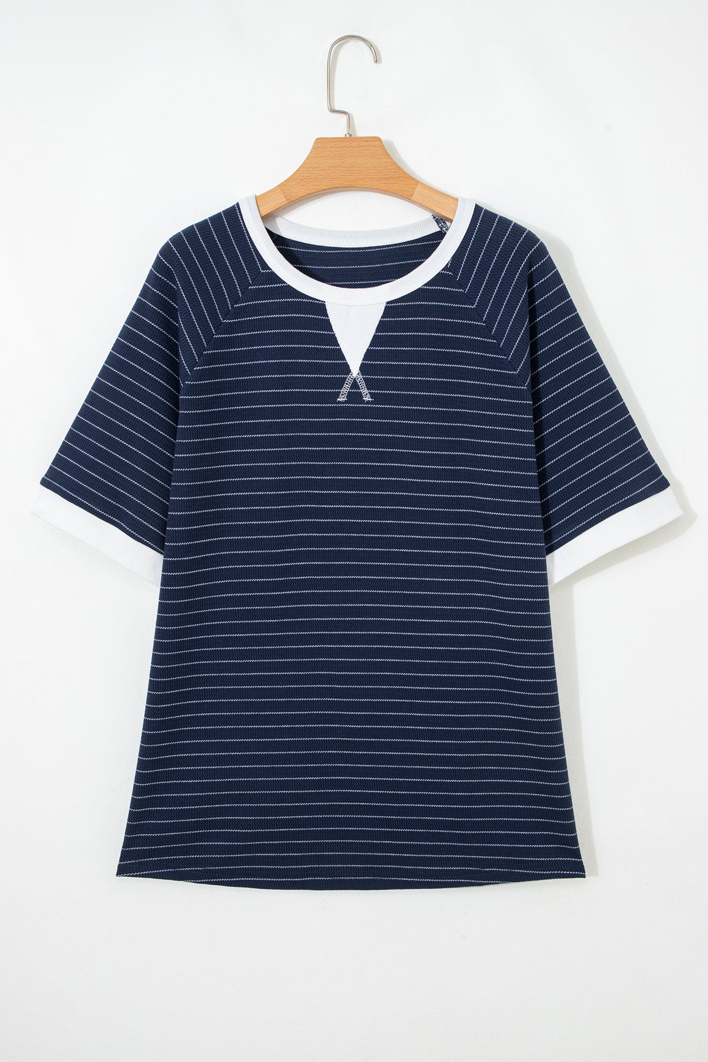 Blue Stripe Contrast Trim Plus Size Ribbed T Shirt-Plus Size/Plus Size Tops/Plus Size Tops & Tees-[Adult]-[Female]-2022 Online Blue Zone Planet